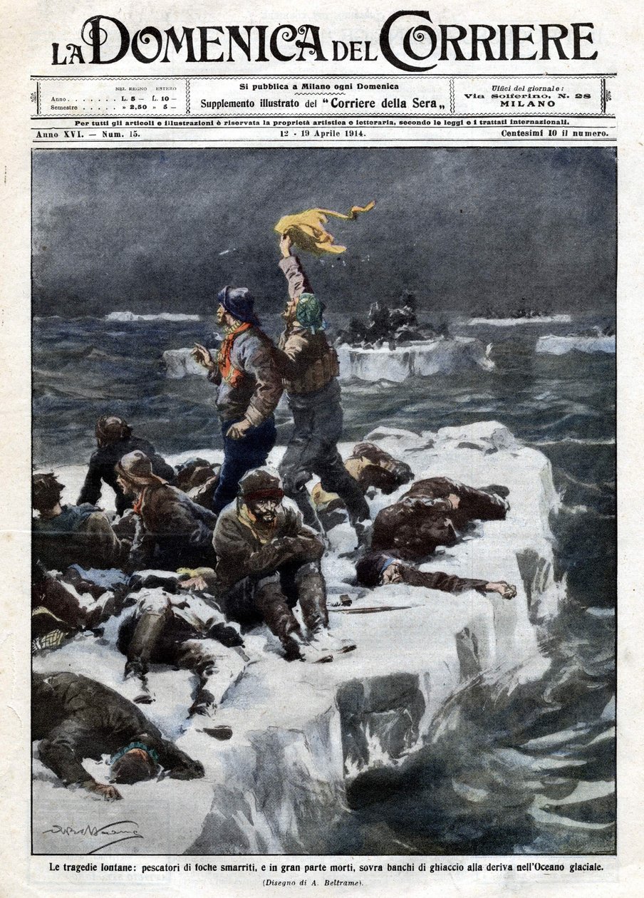Sælfiskere, hvoraf nogle døde, forblev strandet på havets drivende is. Ill. de Beltrame. "" La Domenica del corriere"". 12-19/04/1914. af Achille Beltrame