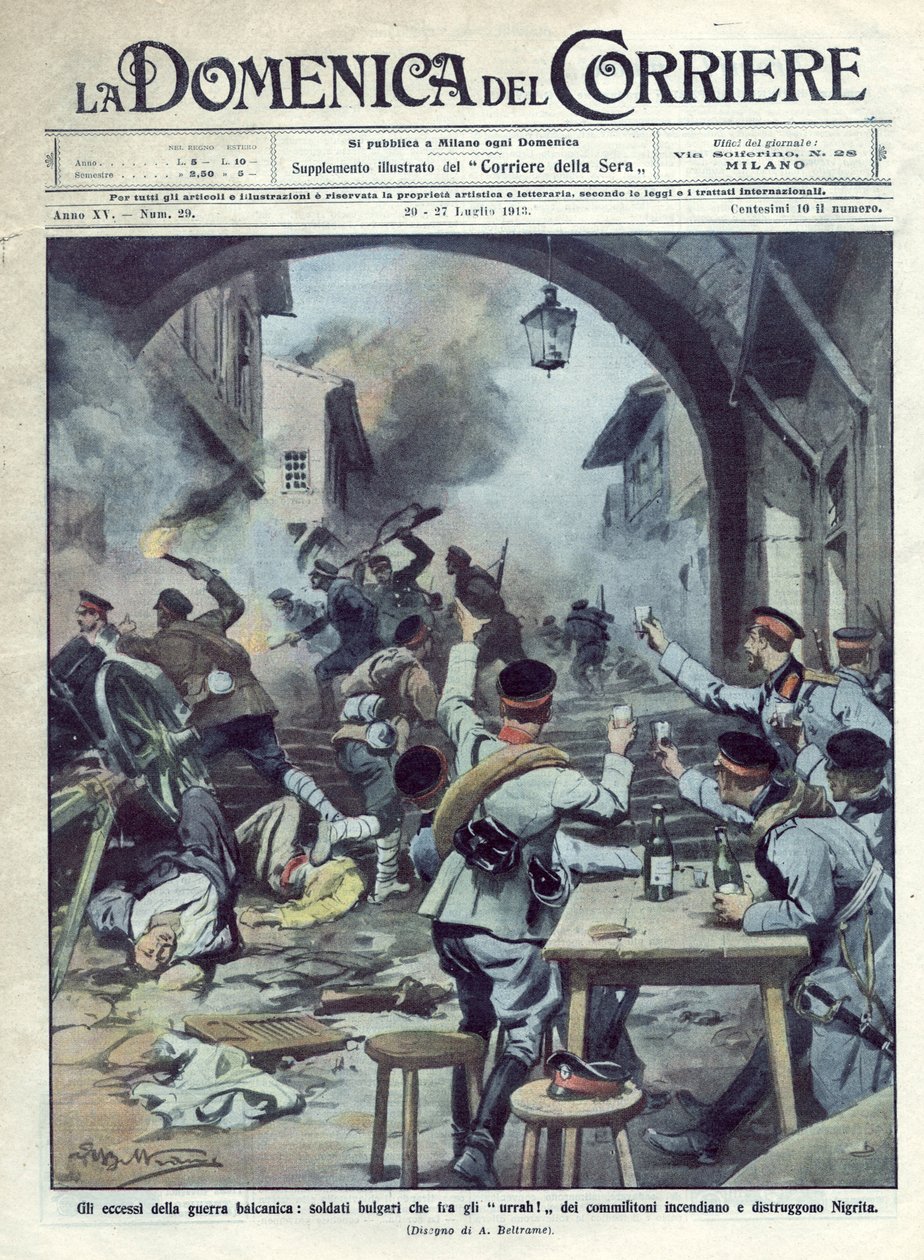Anden Balkankrig (1913) mellem Bulgarien og Grækenland og Tyrkiet: Bulgarske soldater satte ild og ødelægger Nigrita i Grækenland. La Domenica del Corriere. 07/1913. Illustration af Beltrame. af Achille Beltrame