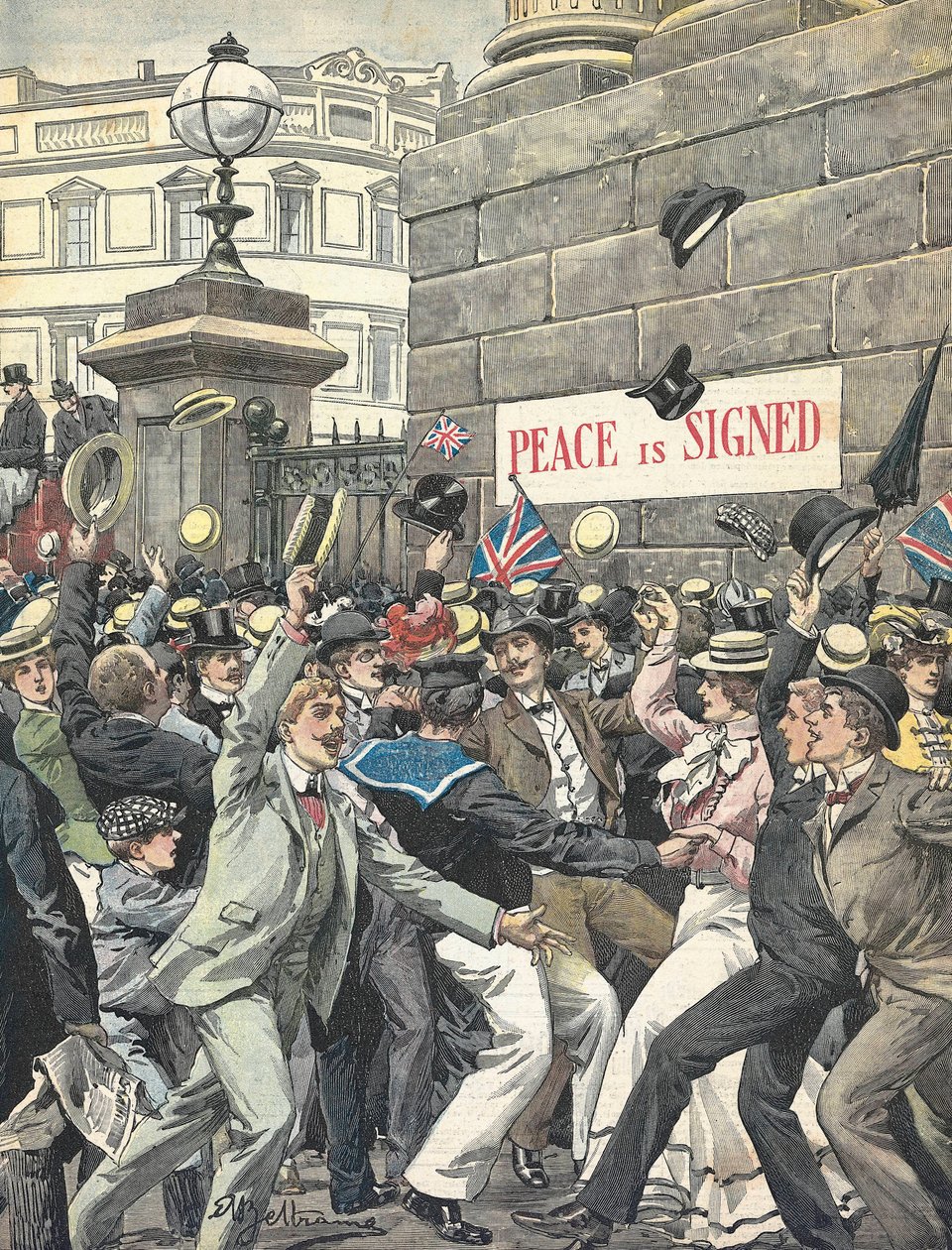 Anden Boerkrig. Meddelelse om afslutningen på krigen i Londons gader. Illustration af Antonio Beltrame. "Kurerens Domenica" af Achille Beltrame