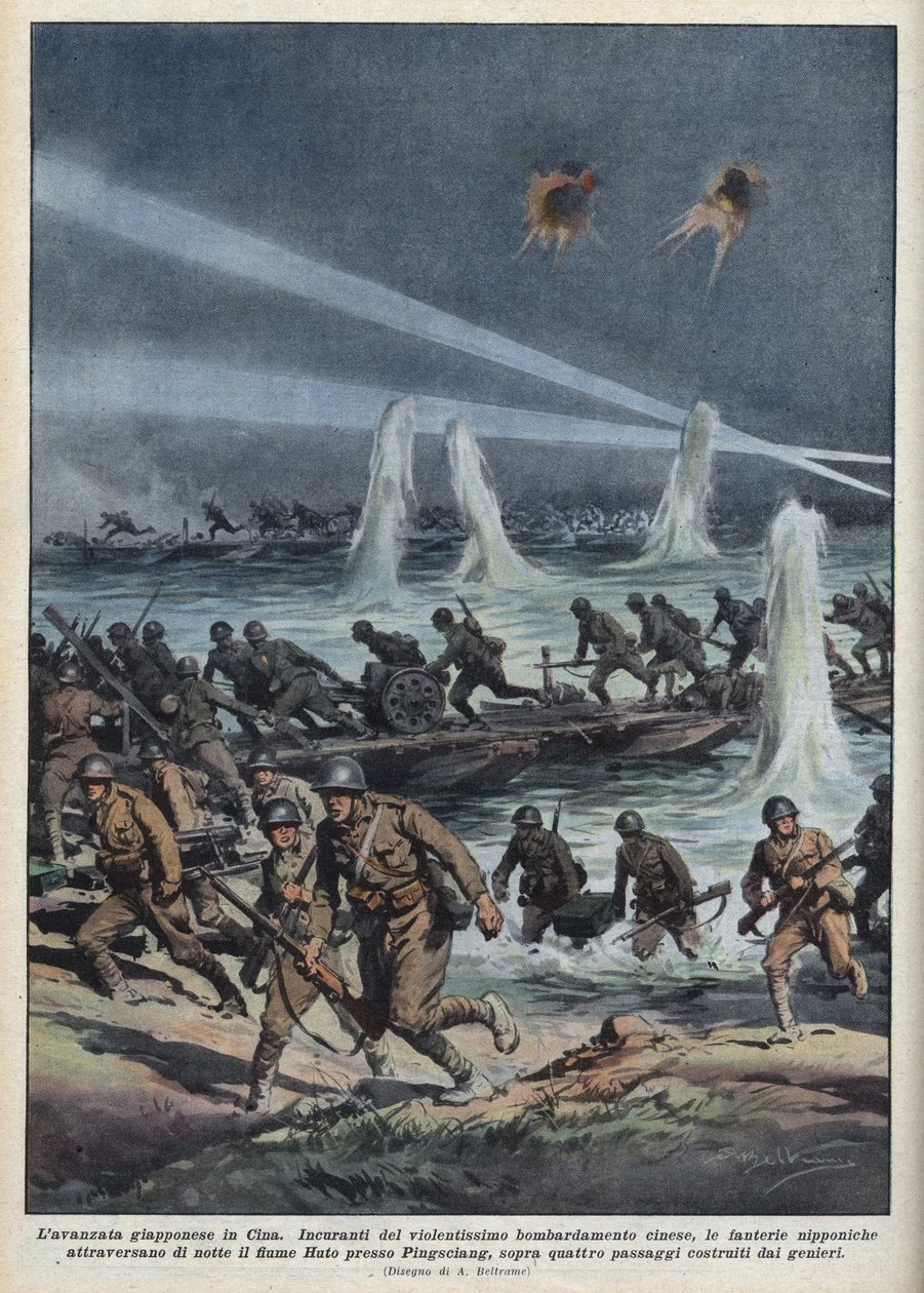 Anden kinesisk-japanske krig (1937-1945): "Den japanske hær krydser Huto-floden nær Pingshang under kinesisk bombning." Illustration af Achille Beltrame fra "La domenica del corriere"" af 17/10/1937. af Achille Beltrame