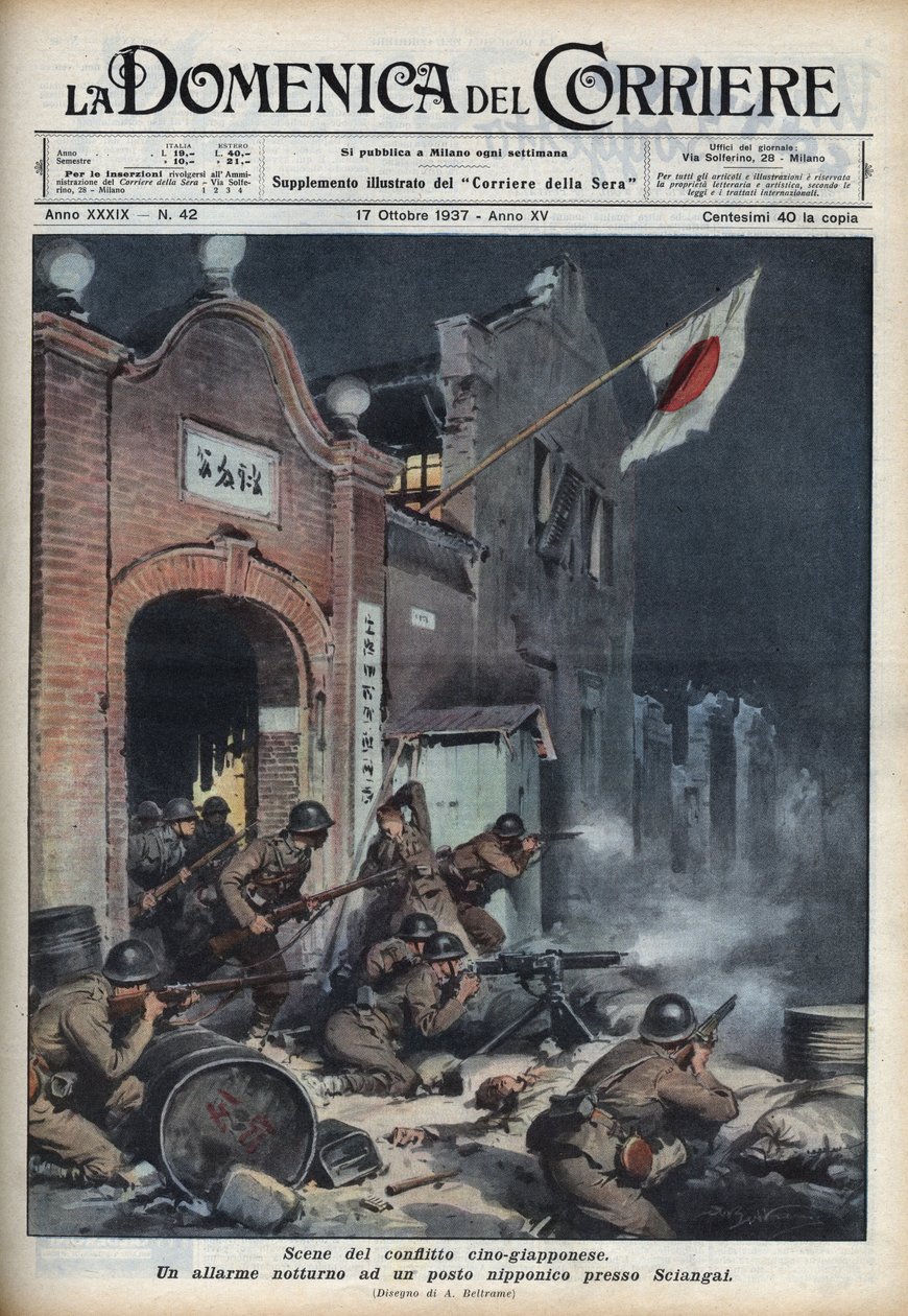 Anden kinesisk-japanske krig (1937-1945): sammenstød nær Shanghai. Illustration af Achille Beltrame fra "La domenica del corriere"" af 17/10/1937. af Achille Beltrame
