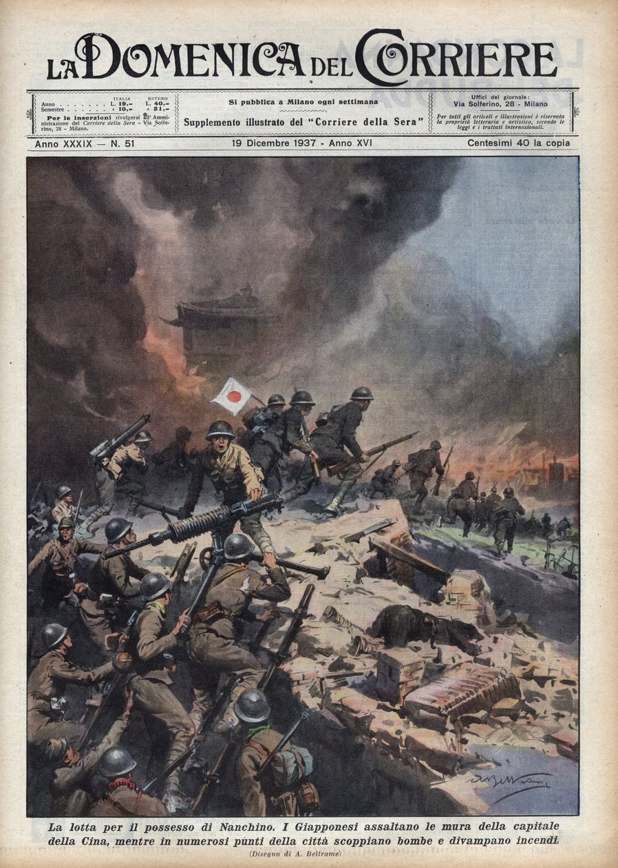 Anden kinesisk-japanske krig (1937-1945): episode af Nanjing-massakren (pose eller voldtægt af Nanjing) på tidspunktet for konflikter om besiddelse af regionen. Illustration af Achilles Beltrame i "" La domenica del corriere"" af 19/12/1937 af Achille Beltrame