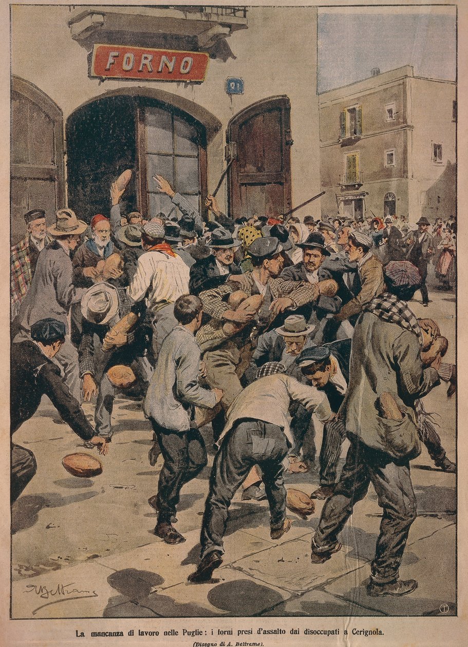 Alvorlig arbejdsmangel i Apulien, ovne bliver stormet af Cerignolas arbejdsløse, af Achille Beltrame, illustration, Illustrator Achille Beltrame (1871-1945), fra La Domenica del Corriere, 20. december 1908 af Achille Beltrame