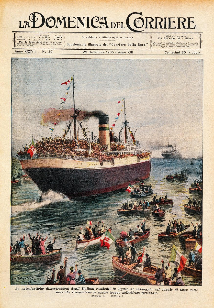 Skibe med italienske tropper til Østafrika krydser Suez-kanalen, illustration fra La Domenica del Corriere, 20. oktober af Achille Beltrame