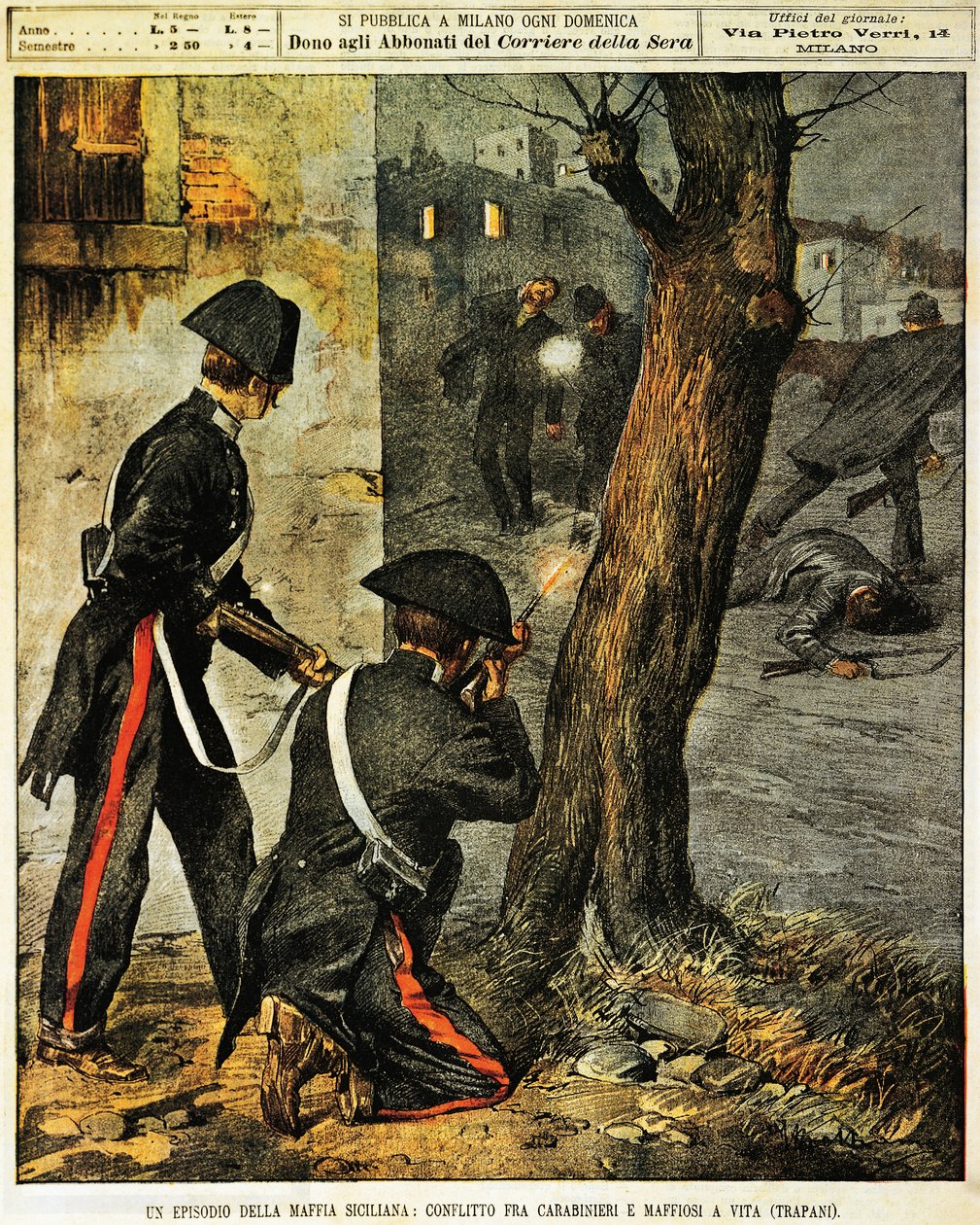 Siciliansk mafiabegivenhed, Kamp mellem carabinieri og mafiagangstere i Trapani, af Achille Beltrame, illustration, Illustrator Achille Beltrame (1871-1945), fra La Domenica del Corriere, 31. december 1899 af Achille Beltrame