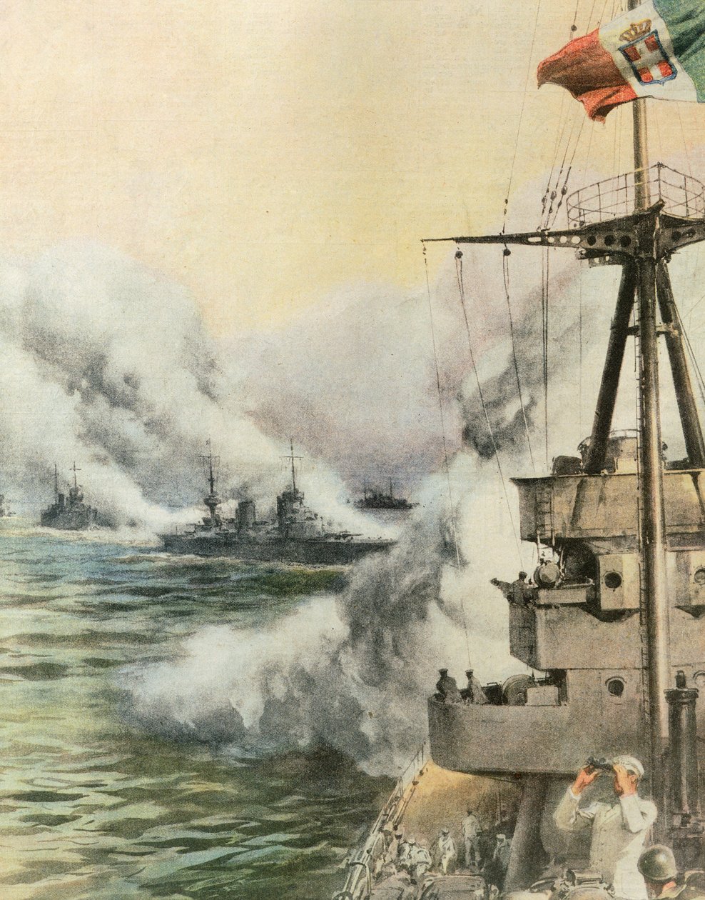 Italiensk konvoj, set af fjendtlige fly, frigiver røgslør for at beskytte skibe, af Achille Beltrame (1871-1945), illustration fra La Domenica del Corriere, 8. august af Achille Beltrame