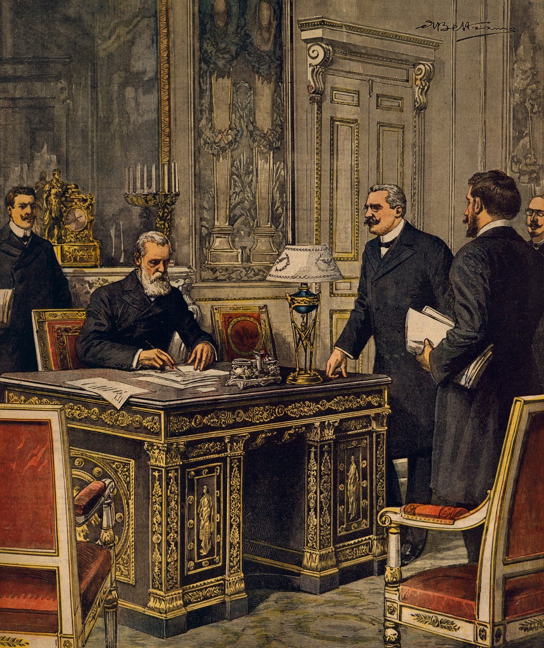 Underskrivelse af fransk-italiensk voldgiftskonvention i Paris, af Achille Beltrame, illustration, illustrator Achille Beltrame (1871-1945), fra La Domenica del Corriere af Achille Beltrame