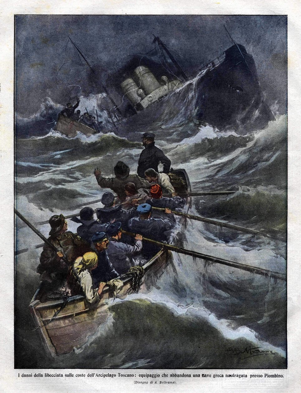 Forlis af en italiensk båd ud for Toscana i 1910. illustration af Achilles Beltrame af Achille Beltrame