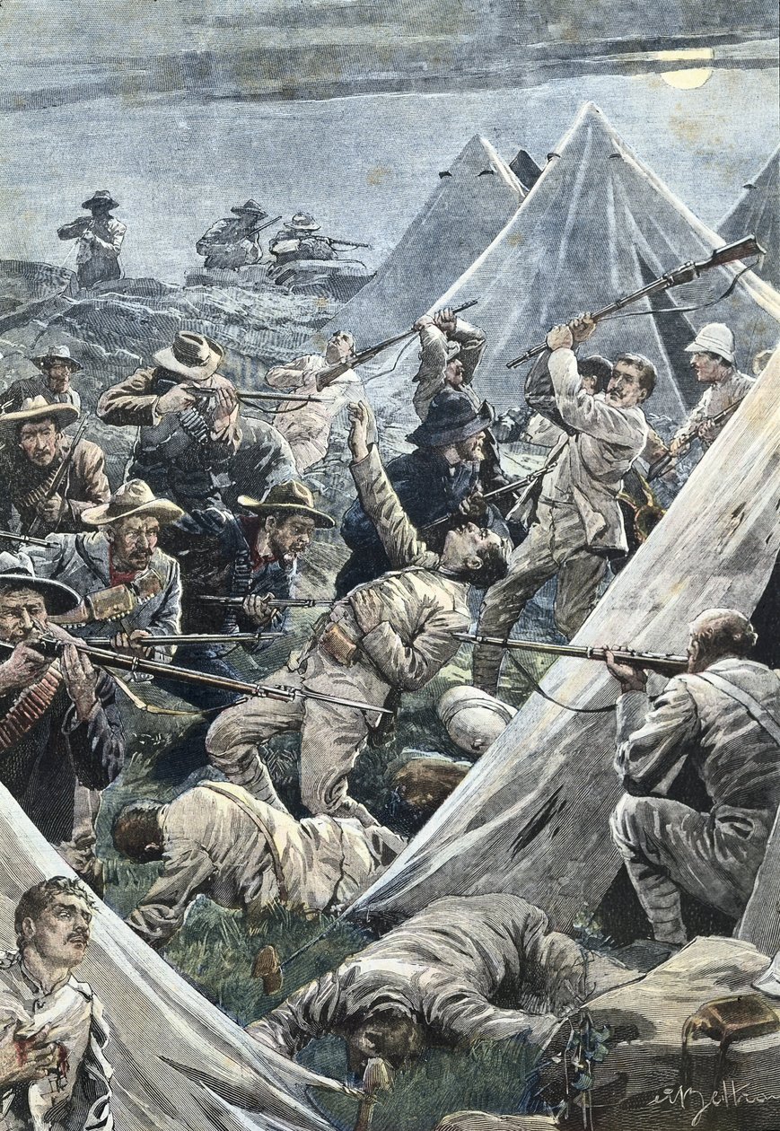 Sydafrika. Anden Boerkrig. Angreb på den engelske lejr Tweefontein (1902). Illustration af Achille Beltrame. Gravering. af Achille Beltrame
