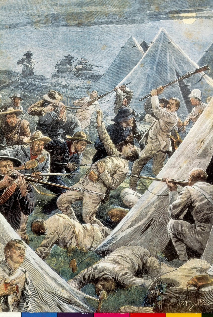 Sydafrika. Anden Boerkrig. Angreb på den engelske lejr Tweefontein (1902). Illustration af Achille Beltrame. Gravering. af Achille Beltrame