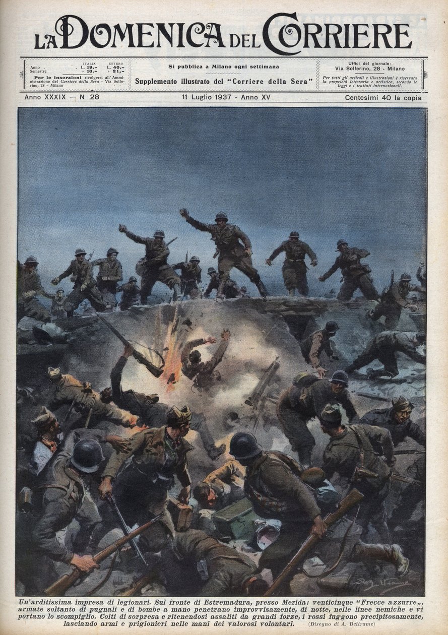 Spansk borgerkrig: En division af italienske frivillige flygter fra den spanske republikanske hær i Merida-regionen, Spanien. Illustration af Achille Beltrame i "La domenica del Corriere"" af 11/07/1937. af Achille Beltrame