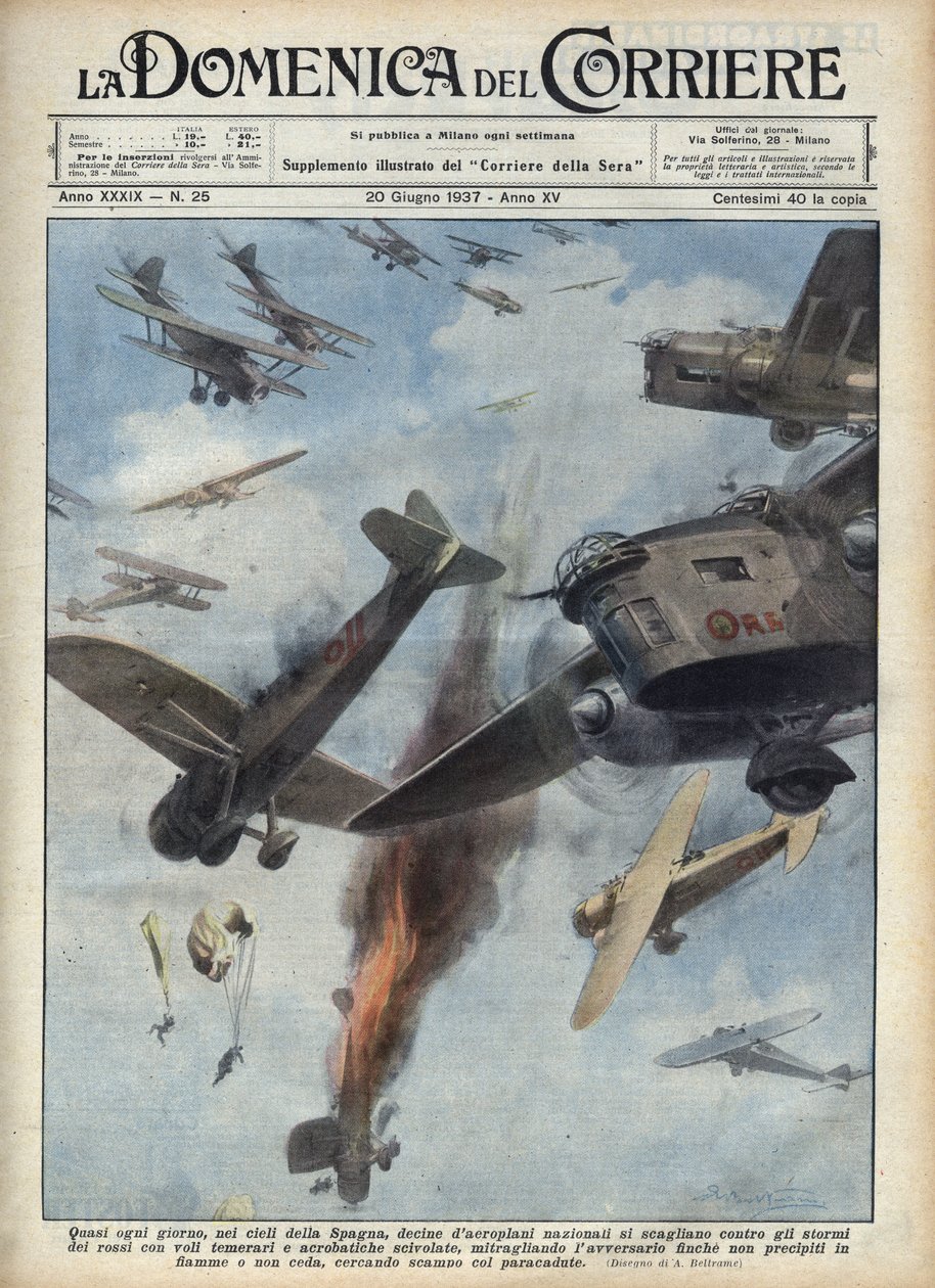 Spansk borgerkrig: Luftsammenstød mellem republikanske og nationalistiske flyvemaskiner over Spanien i krig. Illustration af Achille Beltrame i "La domenica del Corriere"" af 20/06/1937. af Achille Beltrame