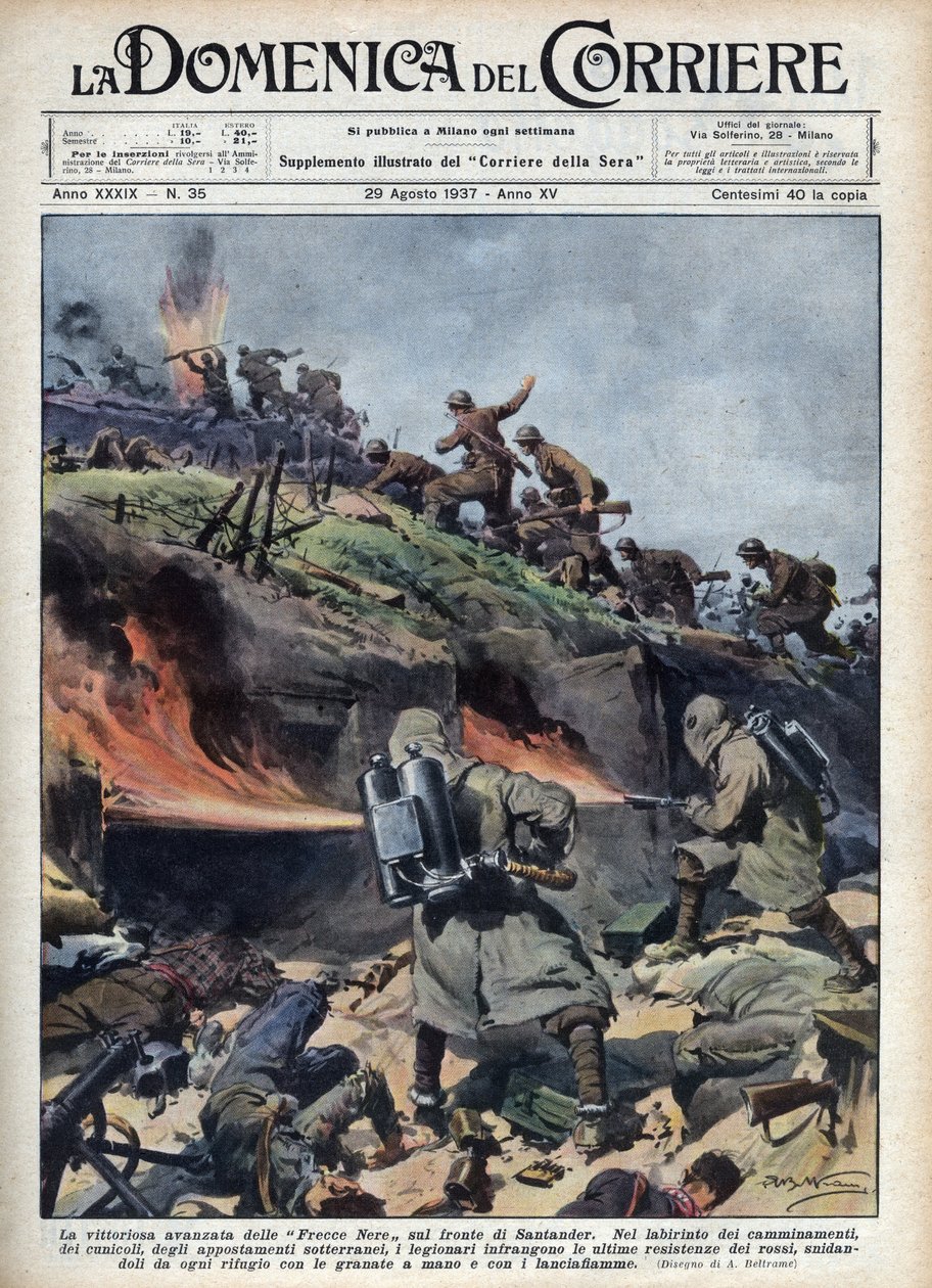 Spansk borgerkrig: Forsendelse af "Frecce nere"-brigaderne på Santander-fronten. Illustration af Achille Beltrame fra "La domenica del corriere"" af 29/08/1937. af Achille Beltrame