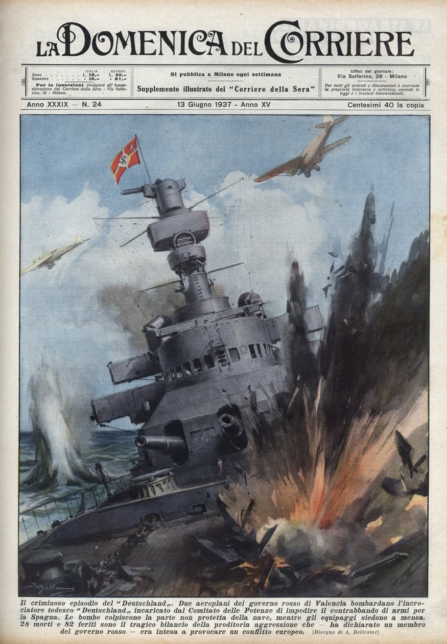 Spansk borgerkrig: To fly fra den republikanske regering i Valencia bombede den tyske krydser Deutschland for at forhindre våbenhandel til Spanien. Illustration af Achille Beltrame i "La domenica del Corriere"" af 13/06/1937. af Achille Beltrame