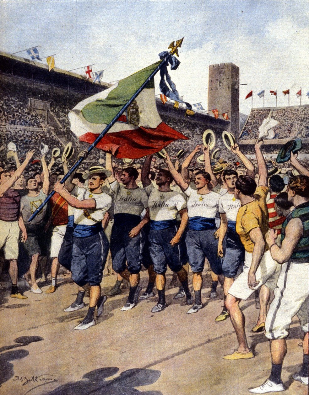 De Olympiske Lege i Stockholm 1912: det vindende italienske gymnastikhold. Ill. d
