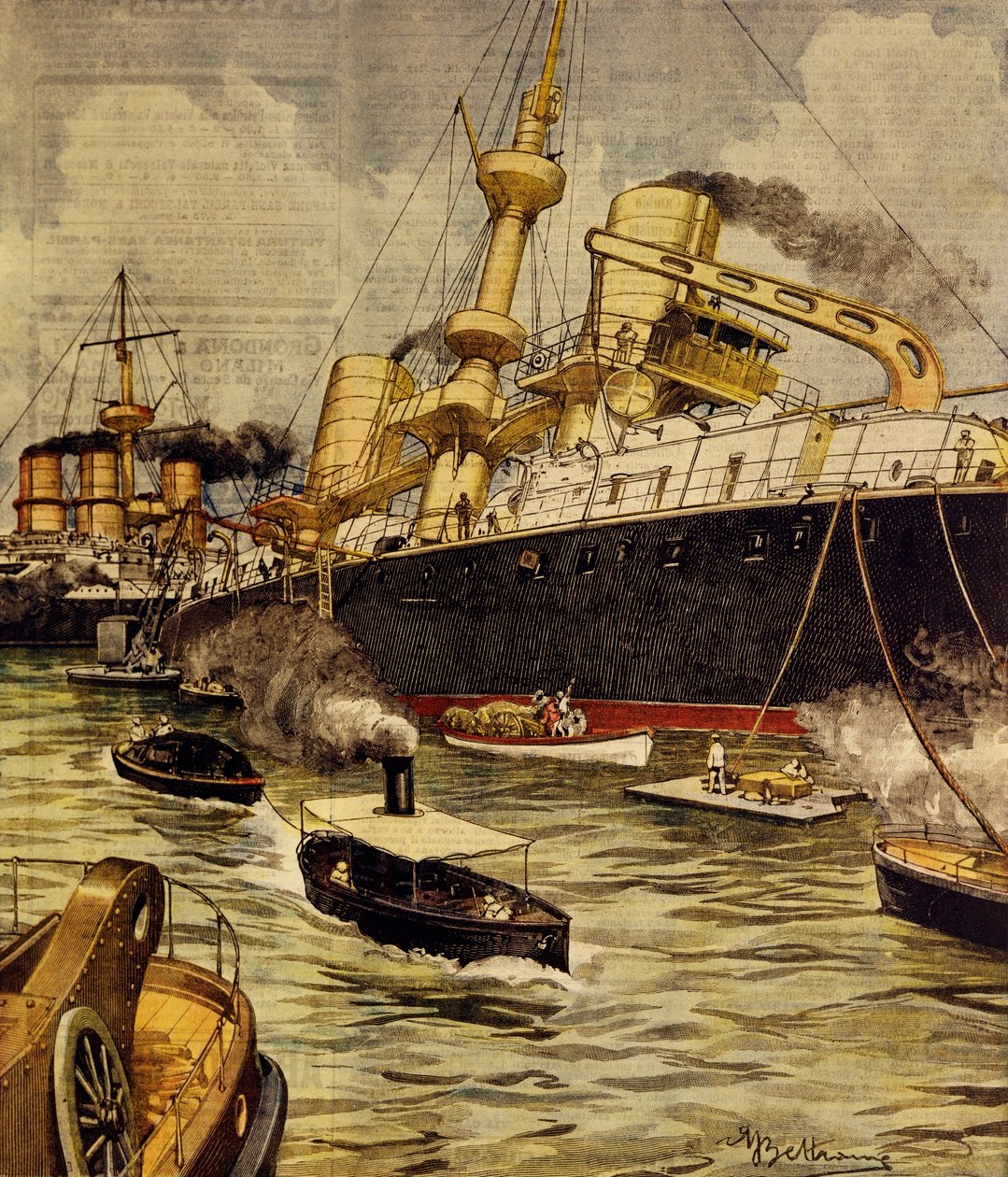 Andrea Doria-slagskibet gik på grund nær Gallipoli, af Achille Beltrame (1871-1945), fra La Domenica del Corriere af Achille Beltrame