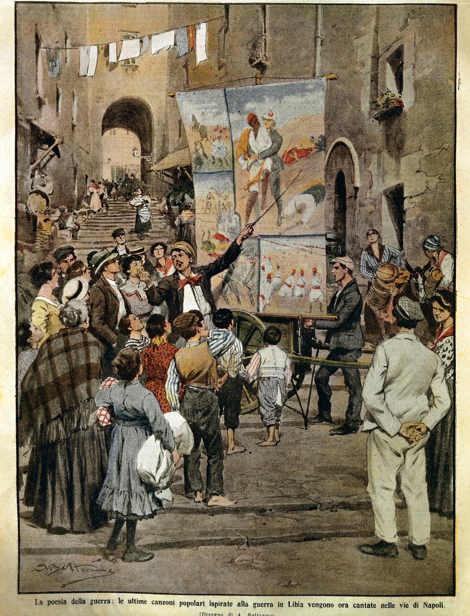 Domenica del Corriere (italiensk søndagsavis) fra 8. december 1910, Folkesange inspireret af krigen i Libyen sunget i Napoli af balladesangere, af Achille Beltrame, illustration af Achille Beltrame