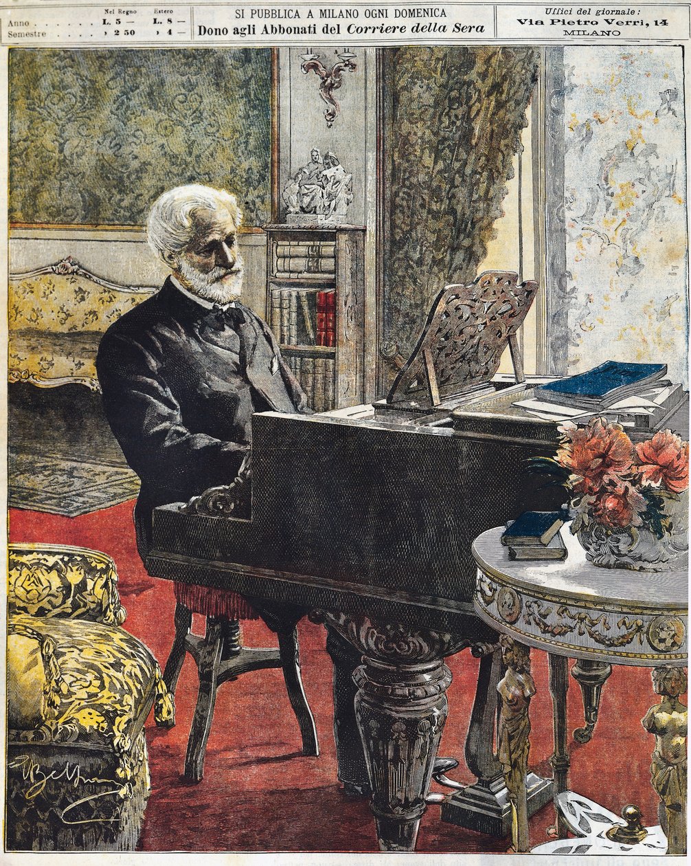 Den italienske komponist Giuseppe Verdi i sit arbejdsværelse, plade af Achille Beltrame (1871-1945), La Domenica del Corriere, 8. oktober af Achille Beltrame