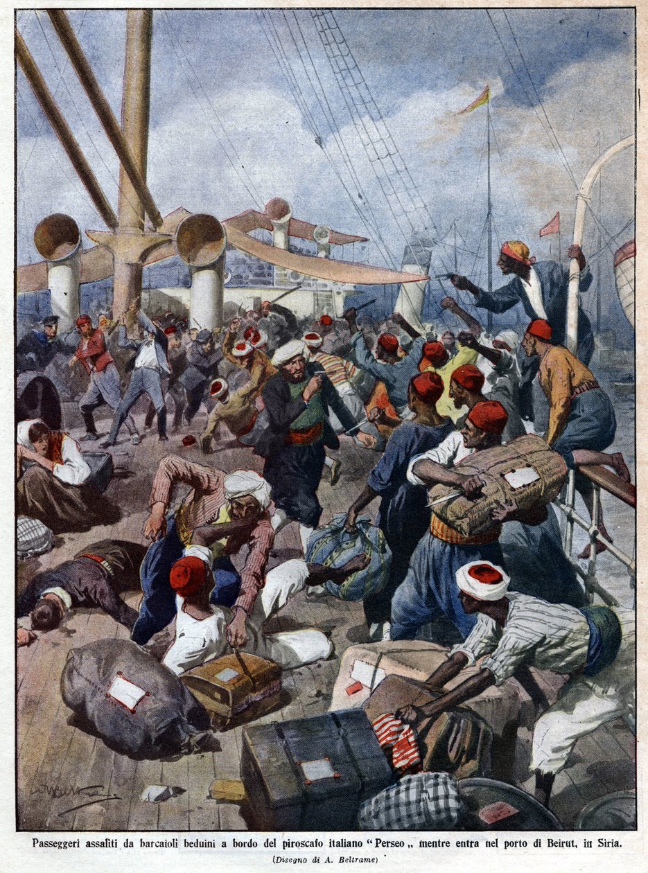 Det italienske linjeskib "" Perseo"" på tidspunktet for indsejlingen i havnen i Beirut i Syrien stormes af søbanditter - i "La Domenica del Corriere"" 07/1913. Illustration af Beltrame. af Achille Beltrame