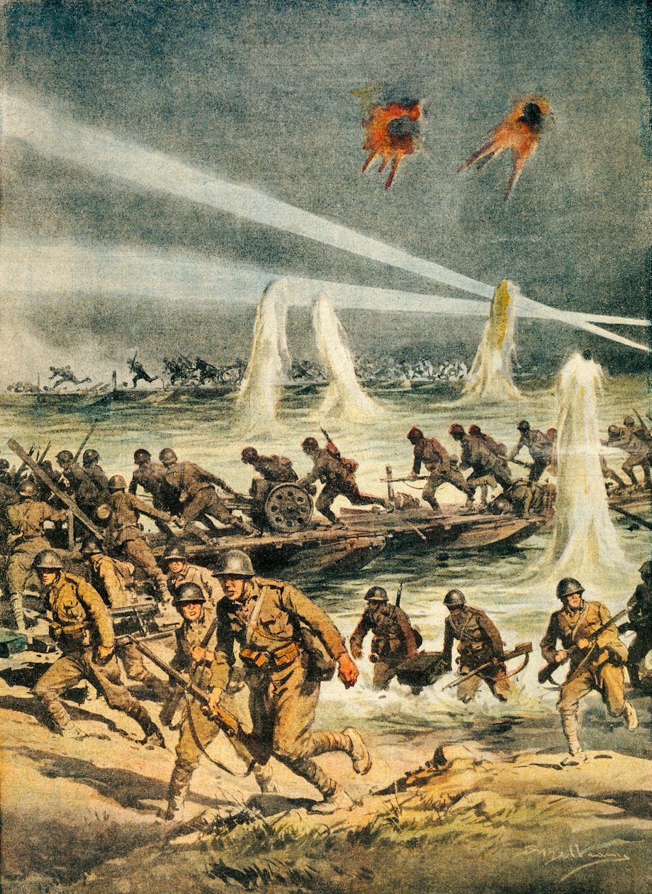 Japanernes fremrykning i Kina under den kinesisk-japanske krig (1937-1945), Achille Beltrame (1871-1945), fra La Domenica del Corriere, Kina, 20. århundrede af Achille Beltrame