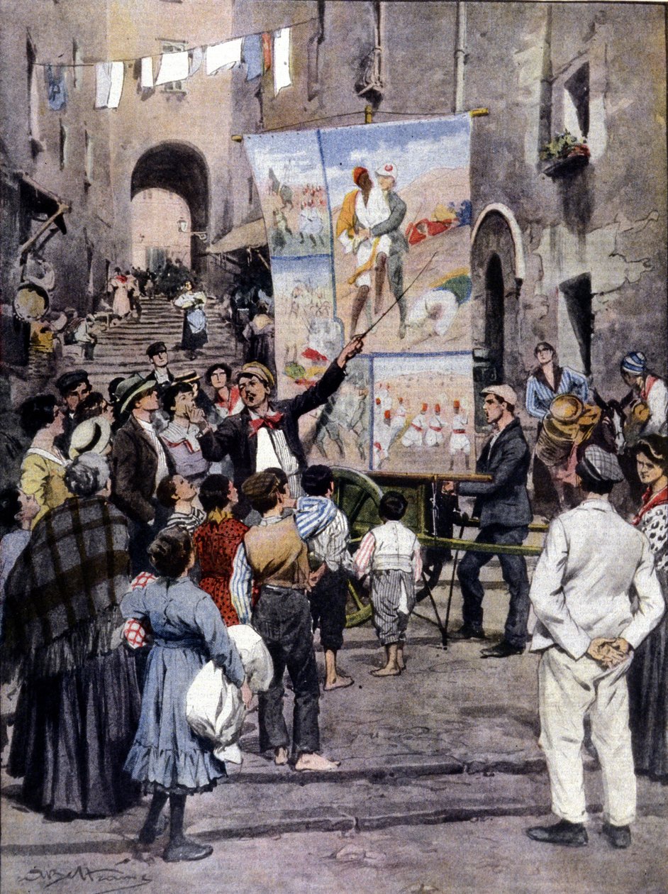 The Poesy of War: De seneste populære sange inspireret af den libyske krig synges i Napolis gader af gadekunstnere. Ill. de Beltrame. La Domenica del Corriere. 1912 af Achille Beltrame