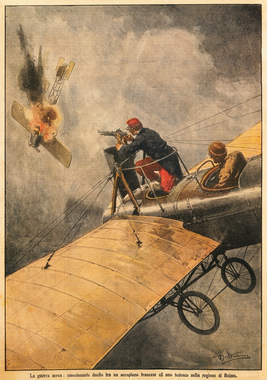Krigen i luften: Duel mellem et fransk og et tysk fly i luften over Reims, af Achille Beltrame (1871-1945), fra La Domenica del Corriere, 25. oktober 1914 af Achille Beltrame