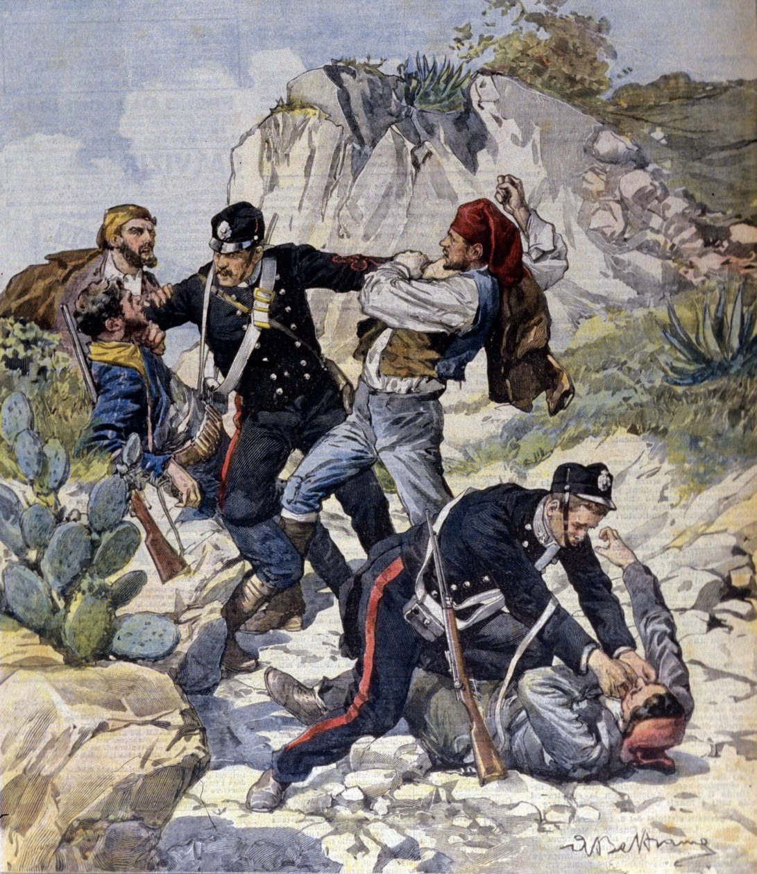 Anholdelsen af tre farlige røvere nær Trapani på Sicilien. Illustration af Beltrame. La Domenica del Corriere. 23/02/1902. af Achille Beltrame