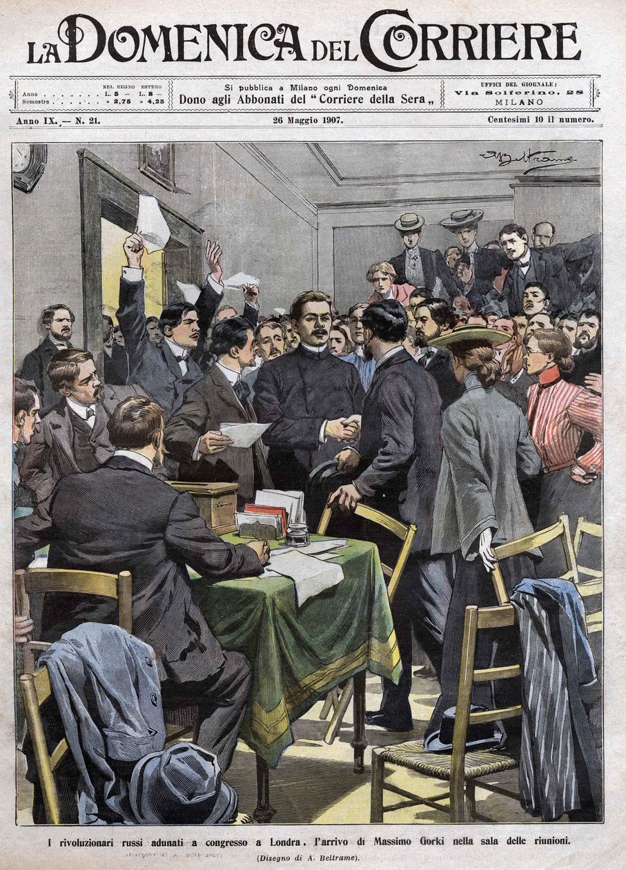 Maxim Gorkis ankomst til mødelokalet på kongressen i London efter revolutionen i 1905 i Rusland. Forside af La Domenica del Corriere fra 26/05/1907. af Achille Beltrame