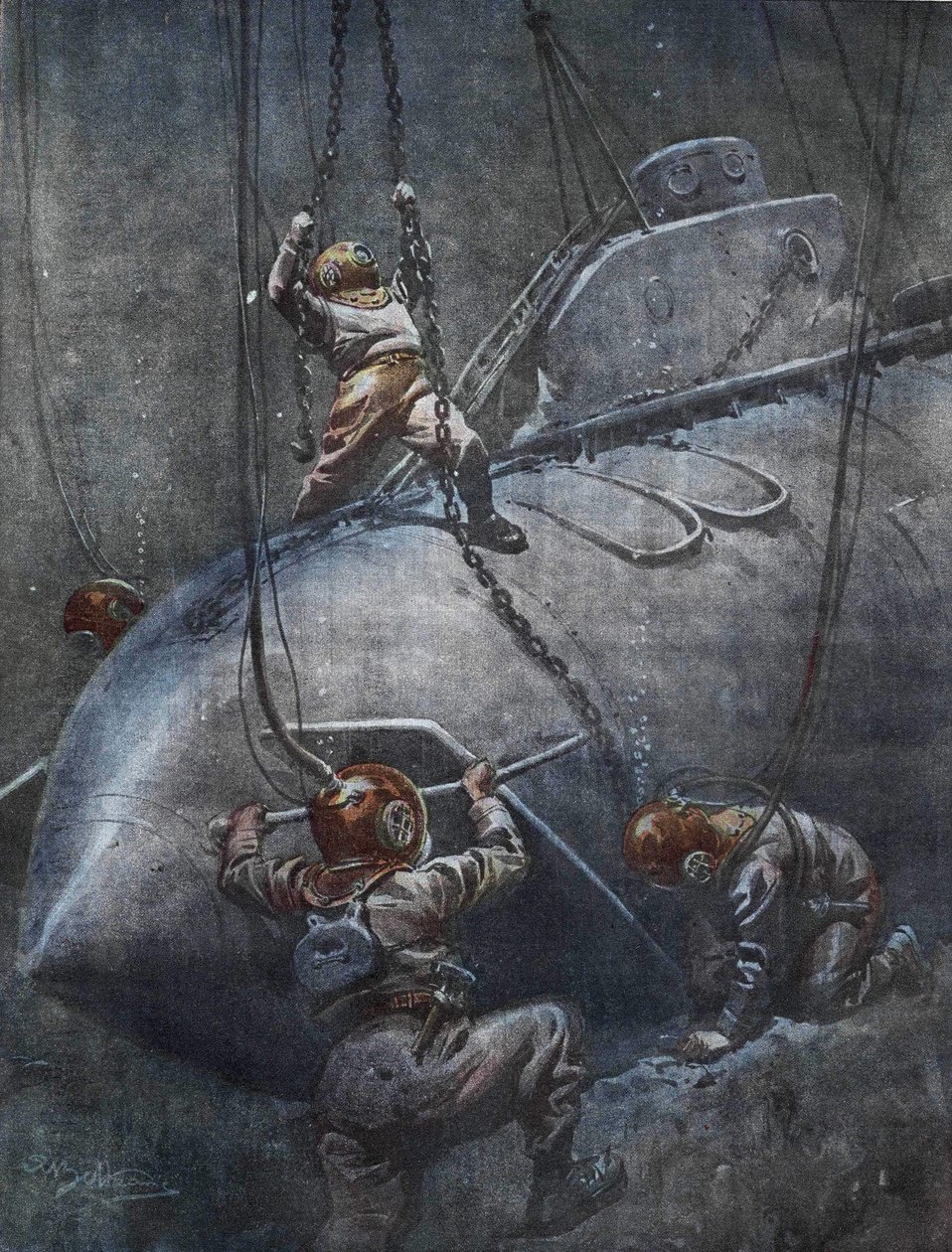Katastrofen for den franske ubåd "Pluviose"" i 1910. Scaphandlerne forsøger at reparere kæderne for at trække den op. Illustration af Achille Beltrame. af Achille Beltrame