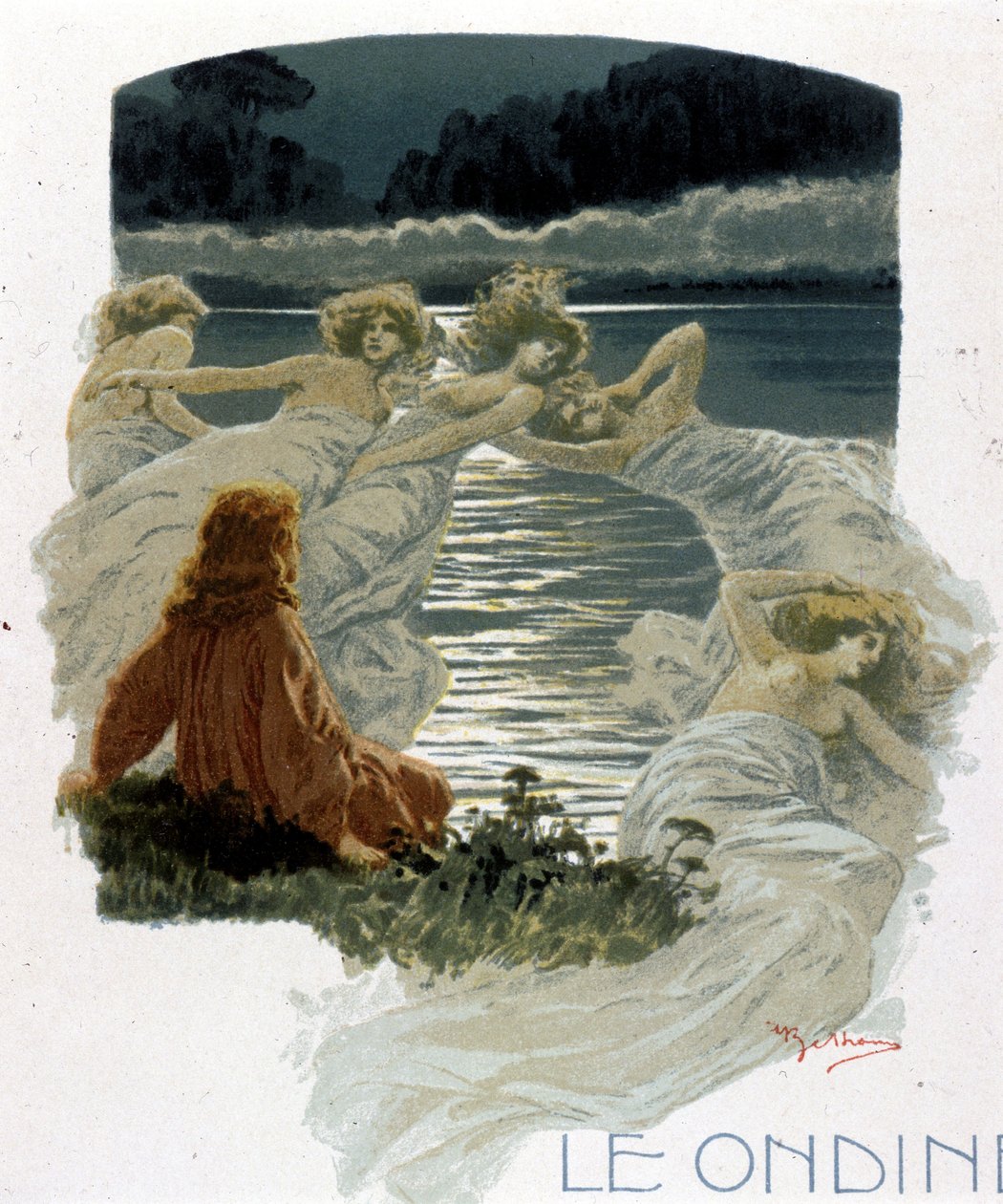 Ondinernes karakterer, unge vandnymfer i den germanske mytologi. Illustration af A. Beltrame. af Achille Beltrame