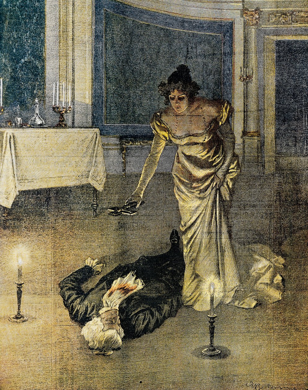 Scarpias død i slutningen af anden akt af Tosca af Giacomo Puccini, tallerken af Achille Beltrame (1871-1945), La Domenica del Corriere, 4. februar af Achille Beltrame