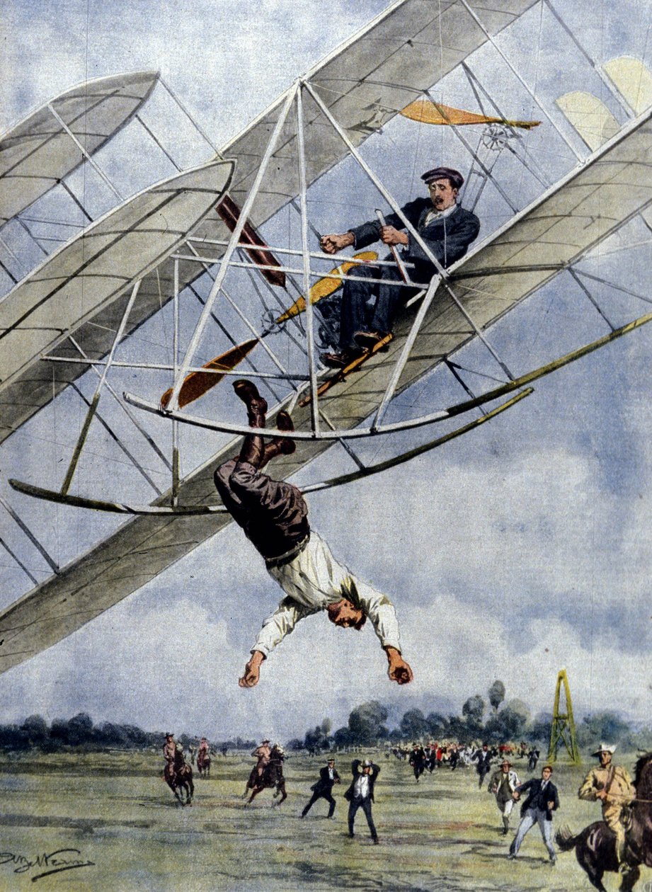 Luftens dramaer: Orville Wright og den amerikanske løjtnant Selfridge skynder sig med deres fly fra tredive meters højde. Illustration af Beltrame. La Domenica del Corriere. 1908. af Achille Beltrame
