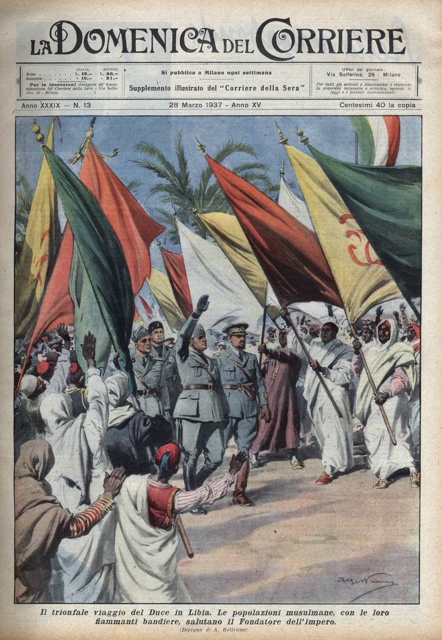 Hertugen Benito Mussolini på en rejse til Libyen bliver mødt af mængden. Illustration af Achille Beltrame i "" La domenica del Corriere"" fra 28/03/1937. af Achille Beltrame