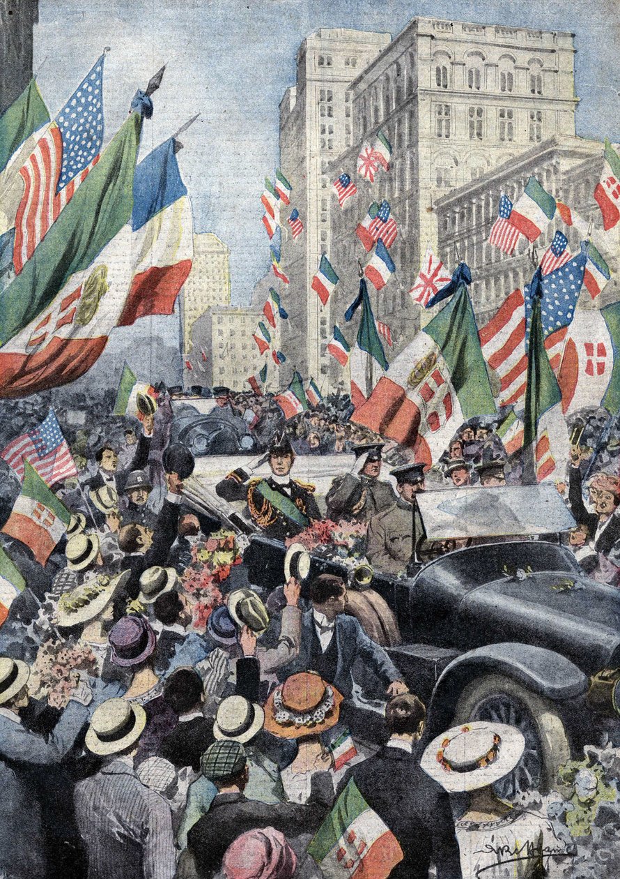 Den entusiastiske velkomst, som det amerikanske folk gav Ferdinand de Savoy, hertug af Genova og prins af Udine (1884 - 1963), da han ankom til Boston. Ill. de Beltrame. La Domenica del Corriere. 06/1917. af Achille Beltrame