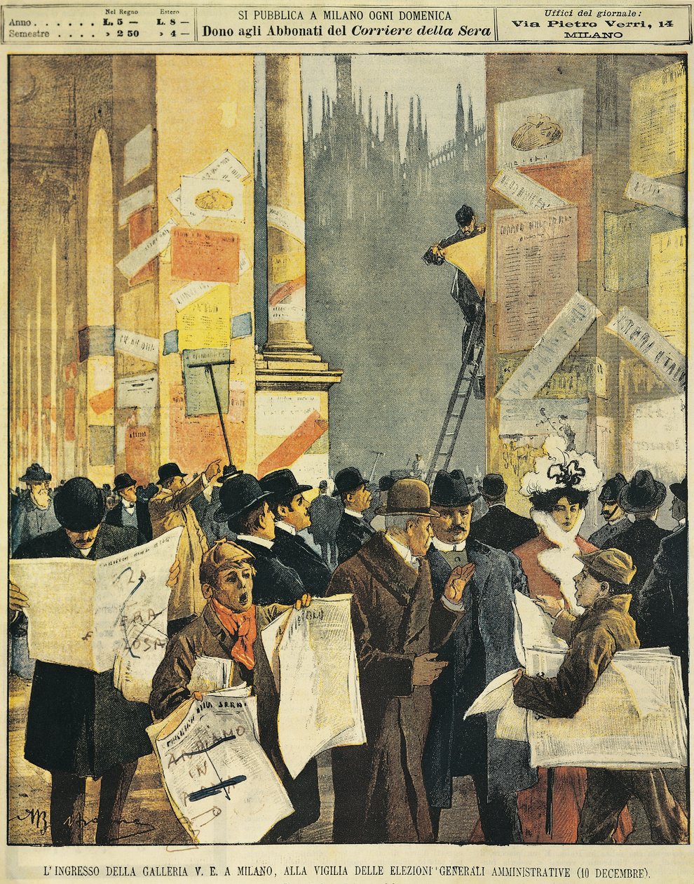 Indgangen til Galleria Vittorio Emanuele i Milano, på tærsklen til valget til den almindelige administration, af Achille Beltrame (1871-1945), fra La Domenica del Corriere af Achille Beltrame