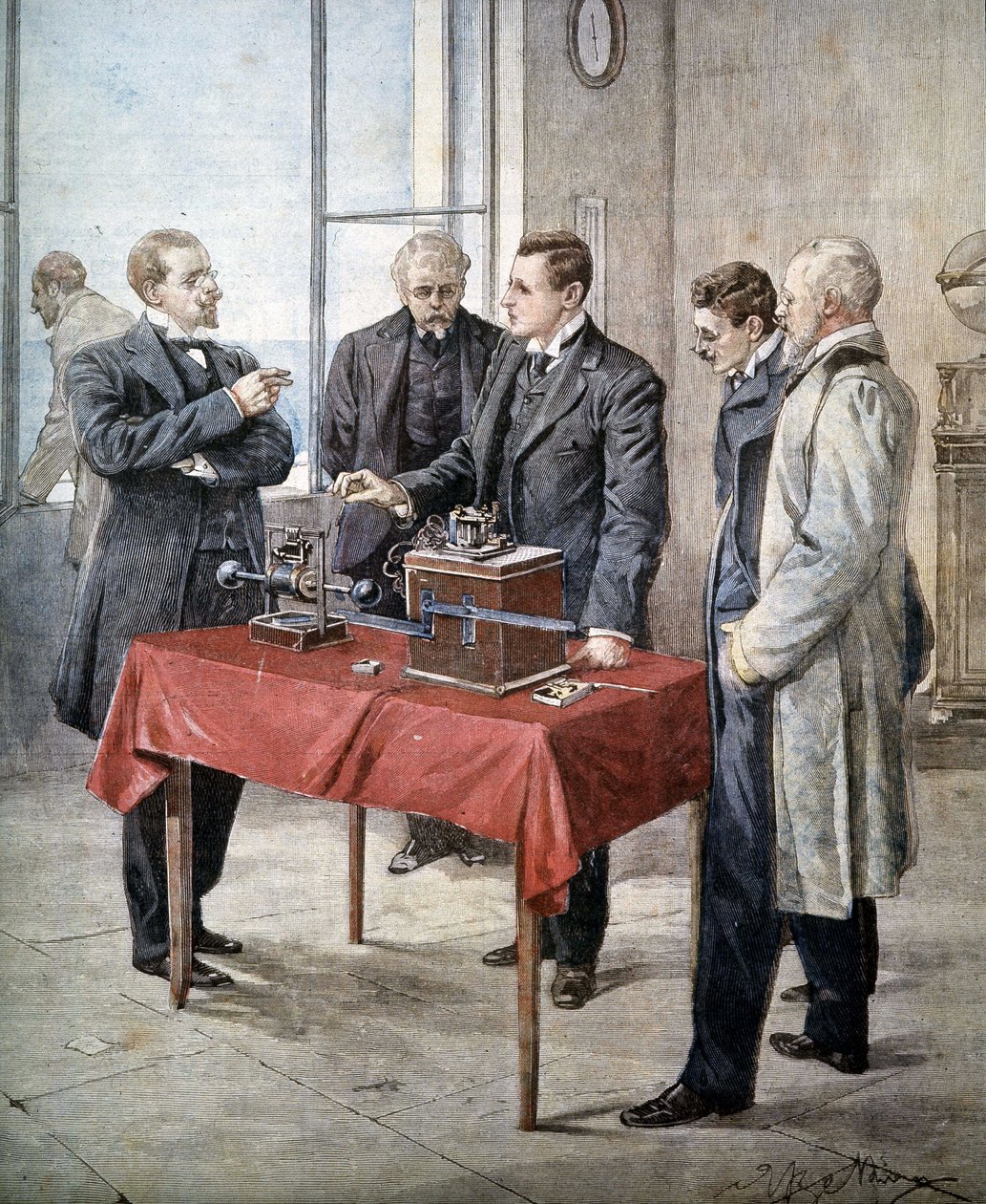 Oplevelserne af Guglielmo Marconi (1874 - 1937) i 1899: Trådløs telegrafi over kanalen. Illustration af Achille Beltrame i ""Domenica del Corriere"". af Achille Beltrame