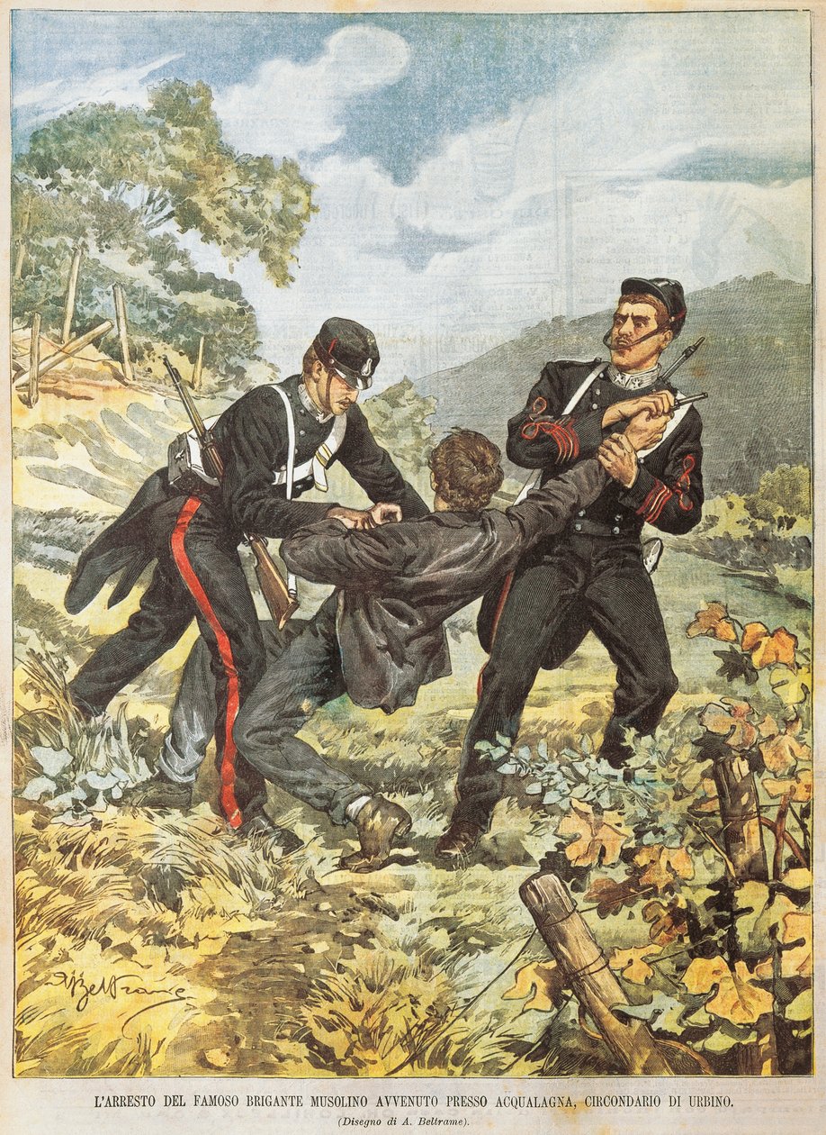 Den berømte brigand Musolino bliver arresteret nær Acqualagna i distriktet Urbino, af Achille Beltrame (1871-1945), fra La Domenica del Corriere, 27. oktober 1901 af Achille Beltrame