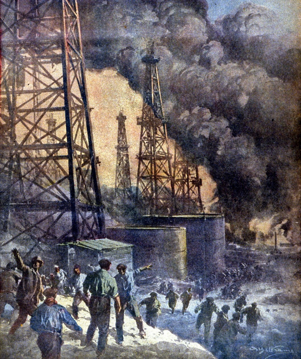 Helvede af ild og flammer. Signal Hill oliebrøndsbrand i Californien. Ill. af W. Beltrame. "La Domenica del corriere", 28/12/1924. af Achille Beltrame