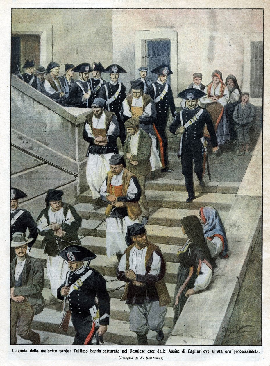 Den sidste bande af sardinske malfrater, da de forlader Assize-domstolen i Cagliari, hvor retssagen finder sted. Illustration af Beltrame. La Domenica del Corriere. 07/1913. af Achille Beltrame