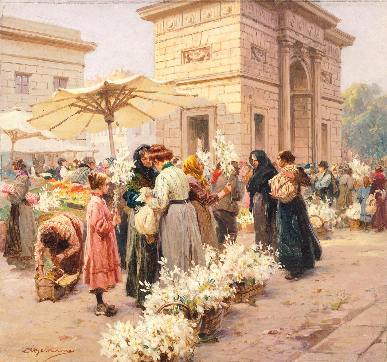 Liljemarkedet ved Porta Garibaldi i Milano, af Achille Beltrame (1871-1945), fra La Domenica del Corriere, Italien 20. århundrede af Achille Beltrame