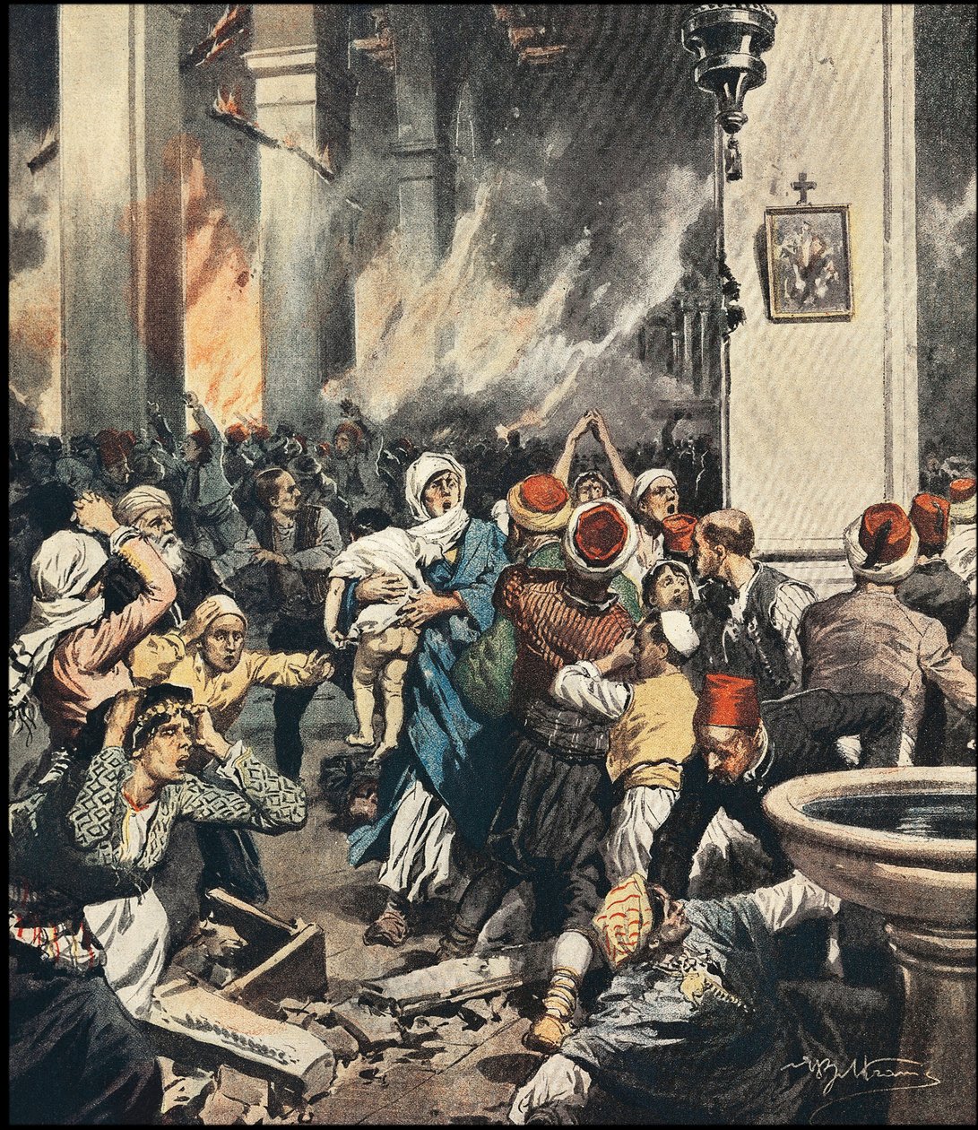 Massakrerne på armeniere i Tyrkiet i 1909 i Adana, illustration af Achilles Beltrame (1871-1945) i "La Domenica del Corriere"" fra maj 1909 af Achille Beltrame
