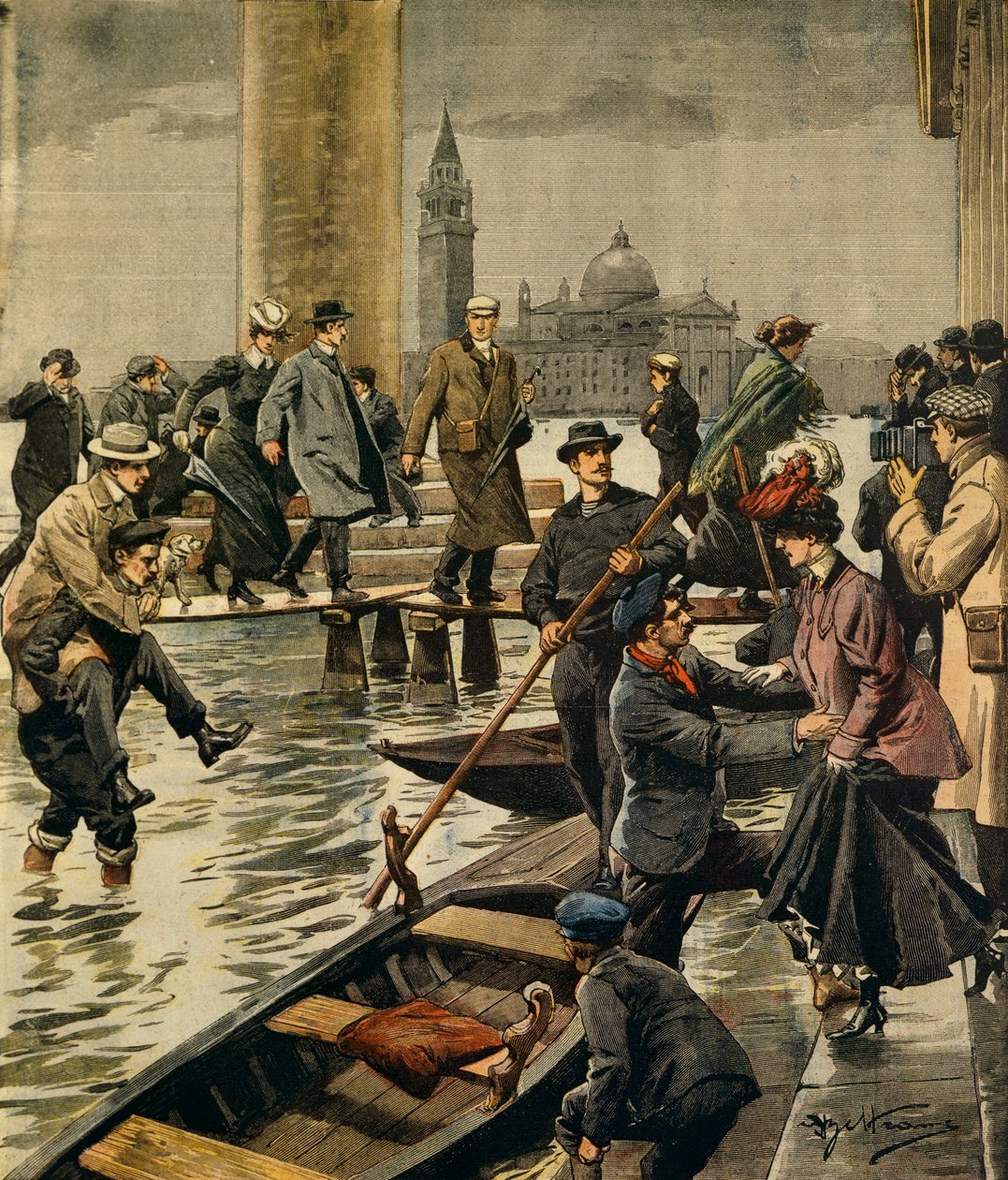 Fænomenet højvande på Markuspladsen i Venedig, af Achille Beltrame (1871-1945), fra La Domenica del Corriere af Achille Beltrame