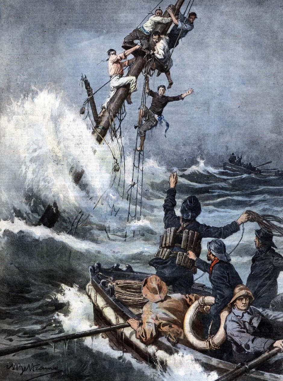 Redningsholdet bragte sikkert sømændene fra en skibbrudt dampbåd tilbage efter 40 timer på masterne på det synkende skib. Ill. de Beltrame. La Domenica del Corriere. 08/1909. af Achille Beltrame