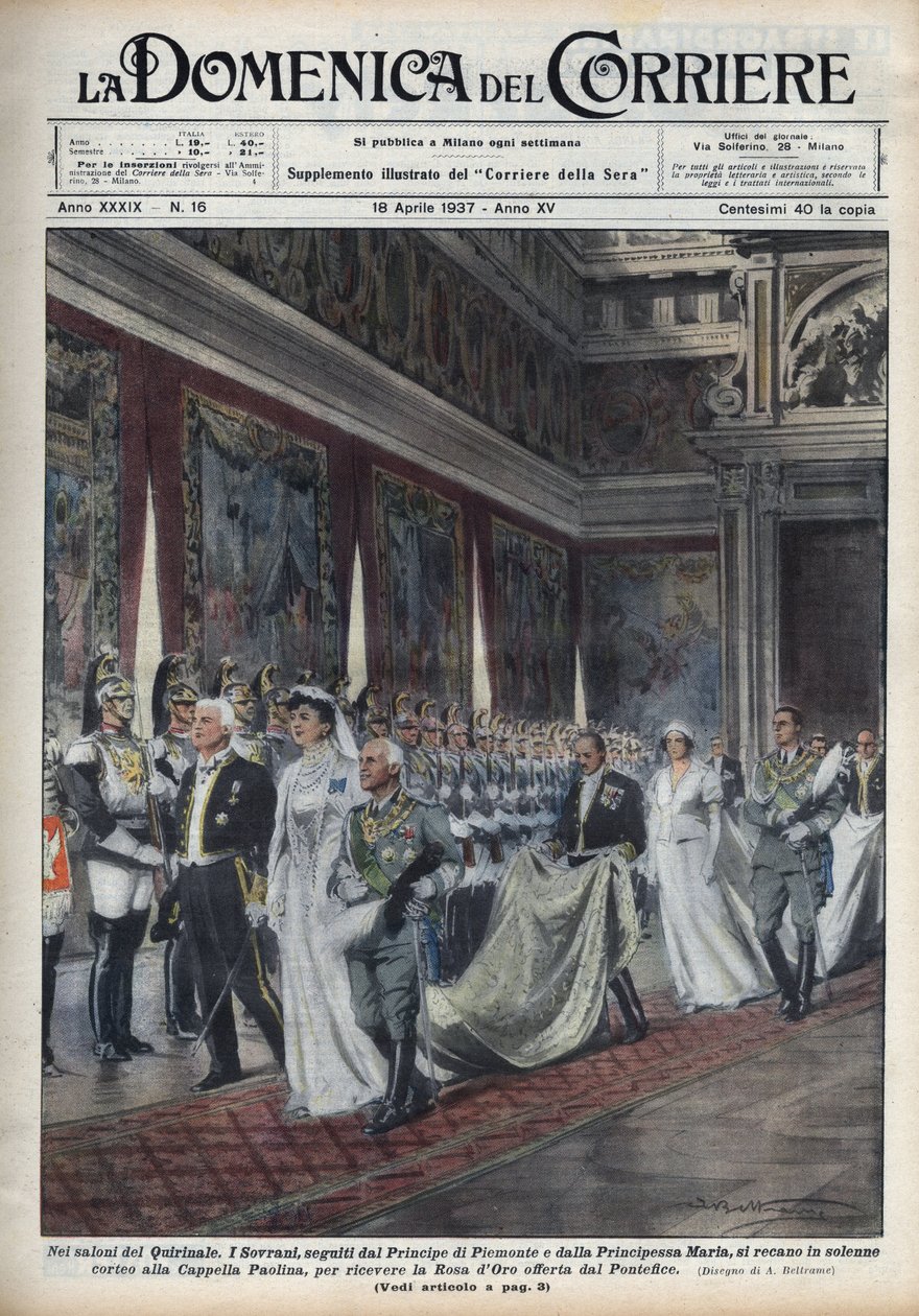Kongeparret, Victor Emmanuel III (Victor-Emmanuel) (1869-1947) og hans kone Helene af Montenegro blev fulgt af prins Humbert (Umberto) II og Mary Jose (Marie-Jose af Belgien, Maria José af Savoie). til Pauline Chapel (Paul af Achille Beltrame