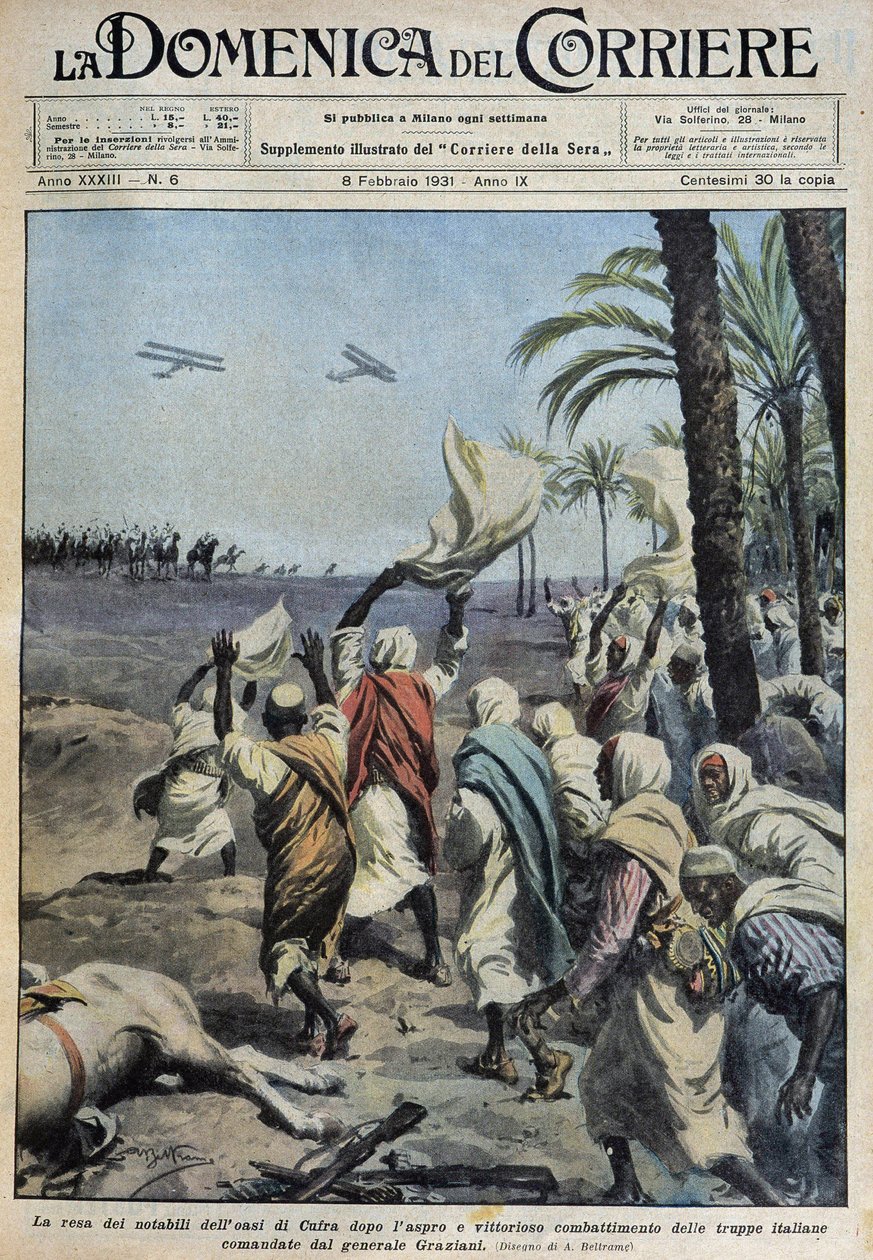 Overgivelsen af notabiliteterne fra oasen Koufra (Qufra eller Cufra, Libyens Sahara) efter det vanskelige og sejrrige slag af de italienske tropper under kommando af general Graziani - dess. de A. Beltrame i "" la Domenica del Corriere"" af 08/02/1931 af Achille Beltrame