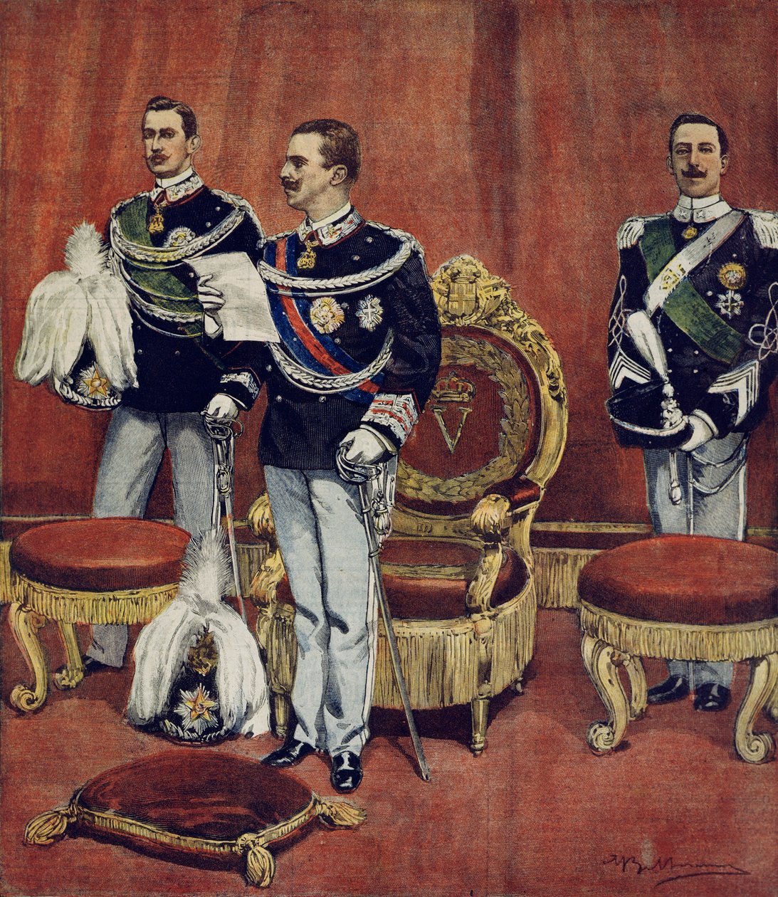 Indsættelsen af ​​kong Vittorio Emanuele III i Senatets kamre i Rom af Achille Beltrame (1871-1945), fra La Domenica del Corriere af Achille Beltrame