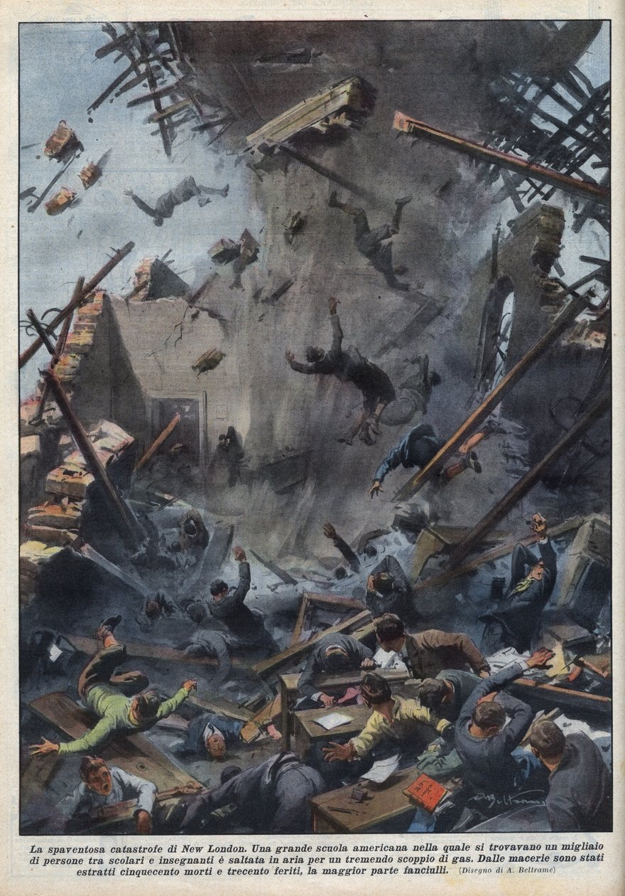 Tragedien ved en skoleeksplosion i New London, Texas, forårsaget af en gaslækage den 18. marts. Illustration af Achille Beltrame i "La domenica del Corriere"" af 04/04/1937. af Achille Beltrame