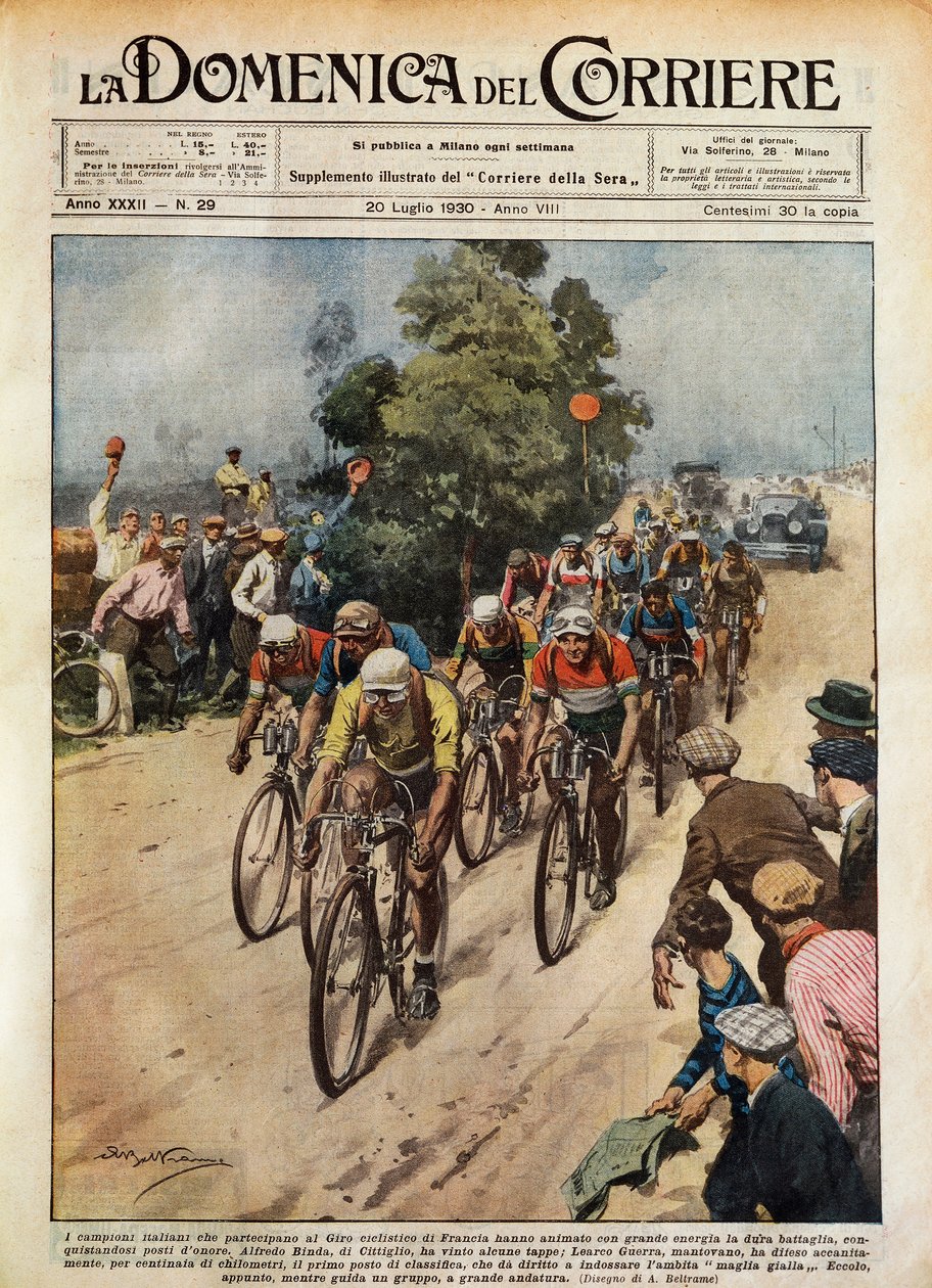Tour de France, Learco Guerra (1902-1963) i spidsen for feltet, illustration af Achille Beltrame (1871-9145) fra La Domenica del Corriere, 20. juli af Achille Beltrame