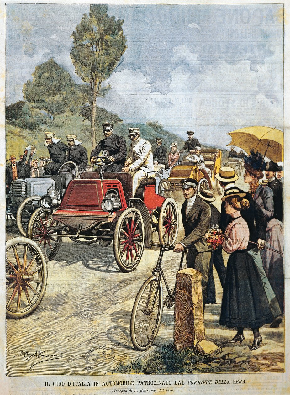 Rundtur i Italien i bil, sponsoreret af Corriere della Sera, illustration af Achille Beltrame fra La Domenica del Corriere, 19. maj af Achille Beltrame