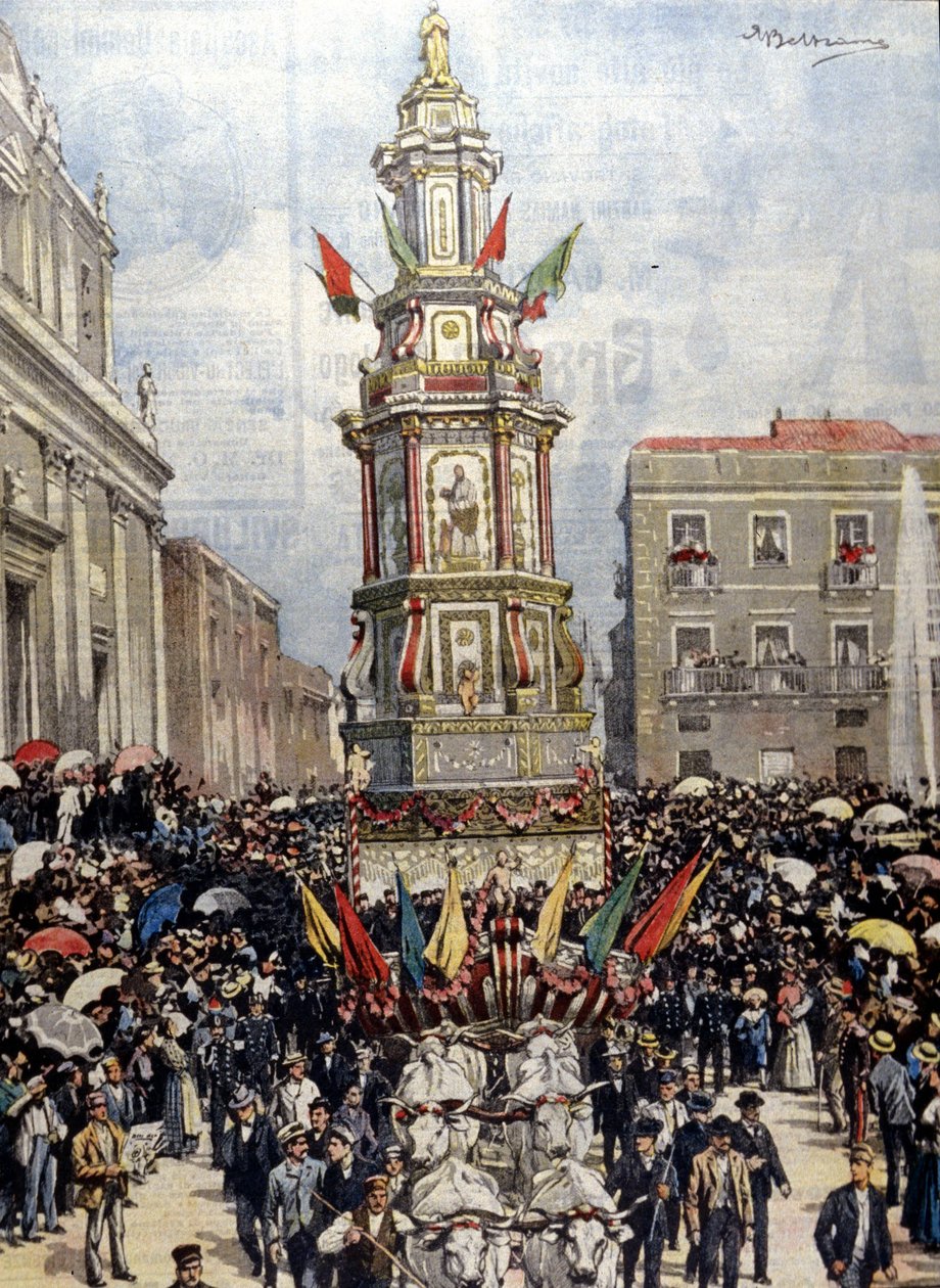 Traditionel siciliansk festival: en tank ført i procession til Casteltermini (Girgenti). Syg. de Beltrame. Kurerens søndag. 1904. af Achille Beltrame